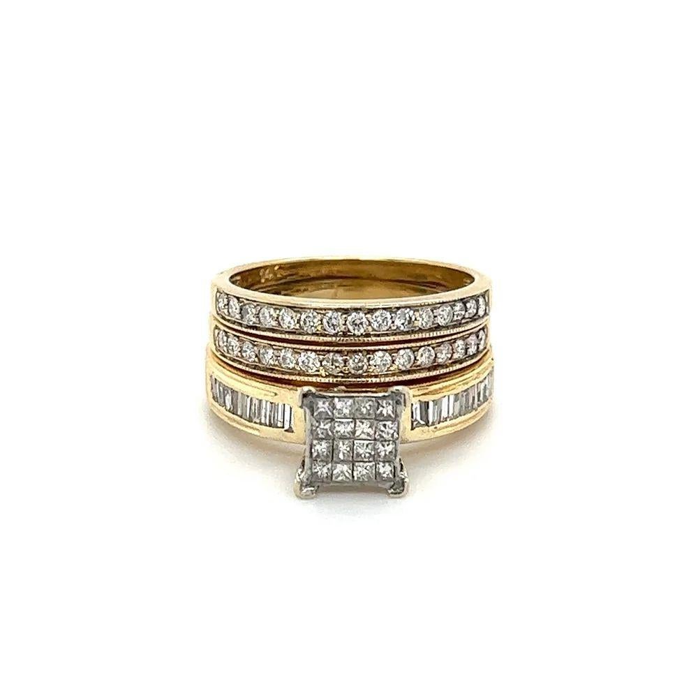 Mixed Cut Multi Diamond Wedding 3 Ring Cluster Set Vintage Gold Bands For Sale