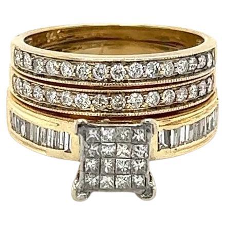 Multi Diamond Wedding 3 Ring Cluster Set Vintage Gold Bands For Sale