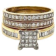 Anneaux de mariage à 3 diamants et 3 anneaux en or vintage
