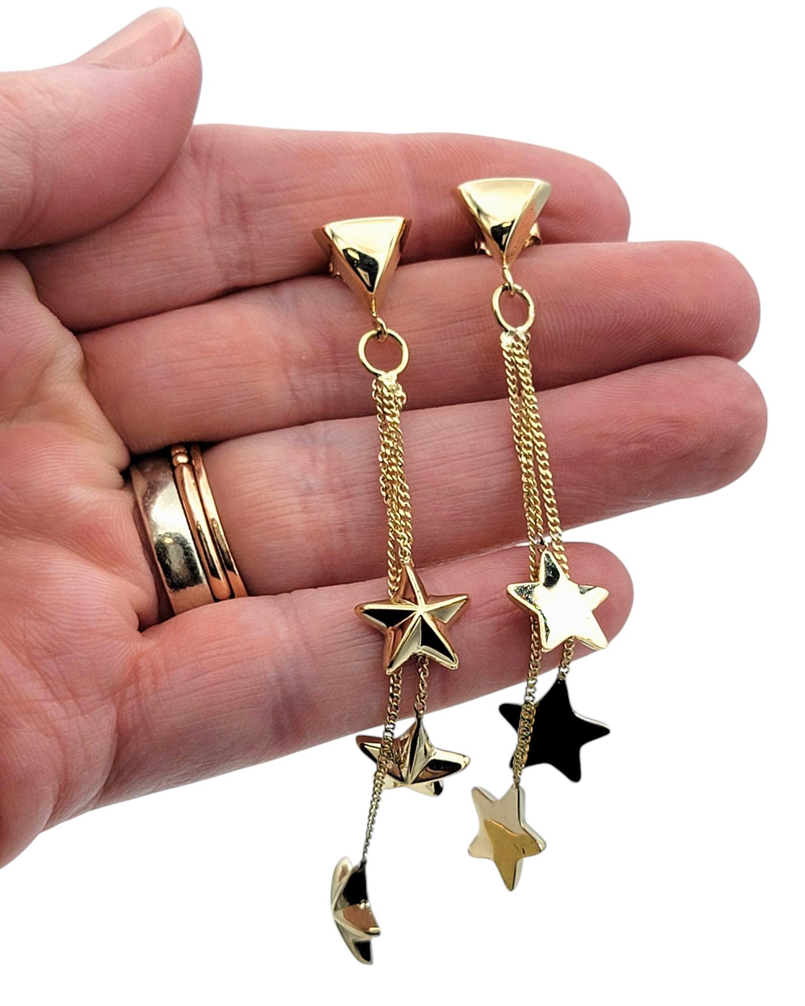 Multi-Dimensional Star Trio Tiered Dangle Earrings in 14 Karat Yellow Gold For Sale 4