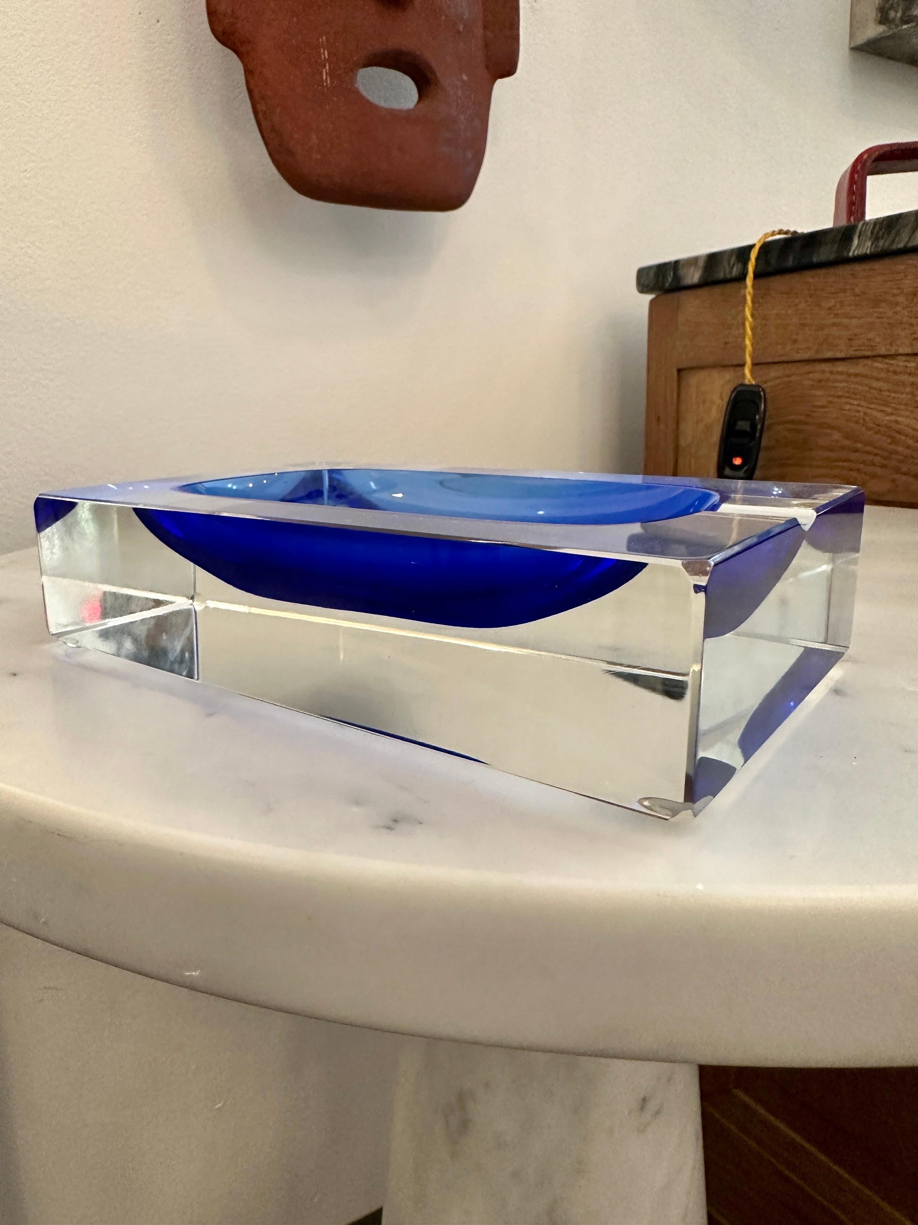 Mid-Century Modern Substantial Blue Murano Glass Ashtray Attributed to Flavio Poli For Sale