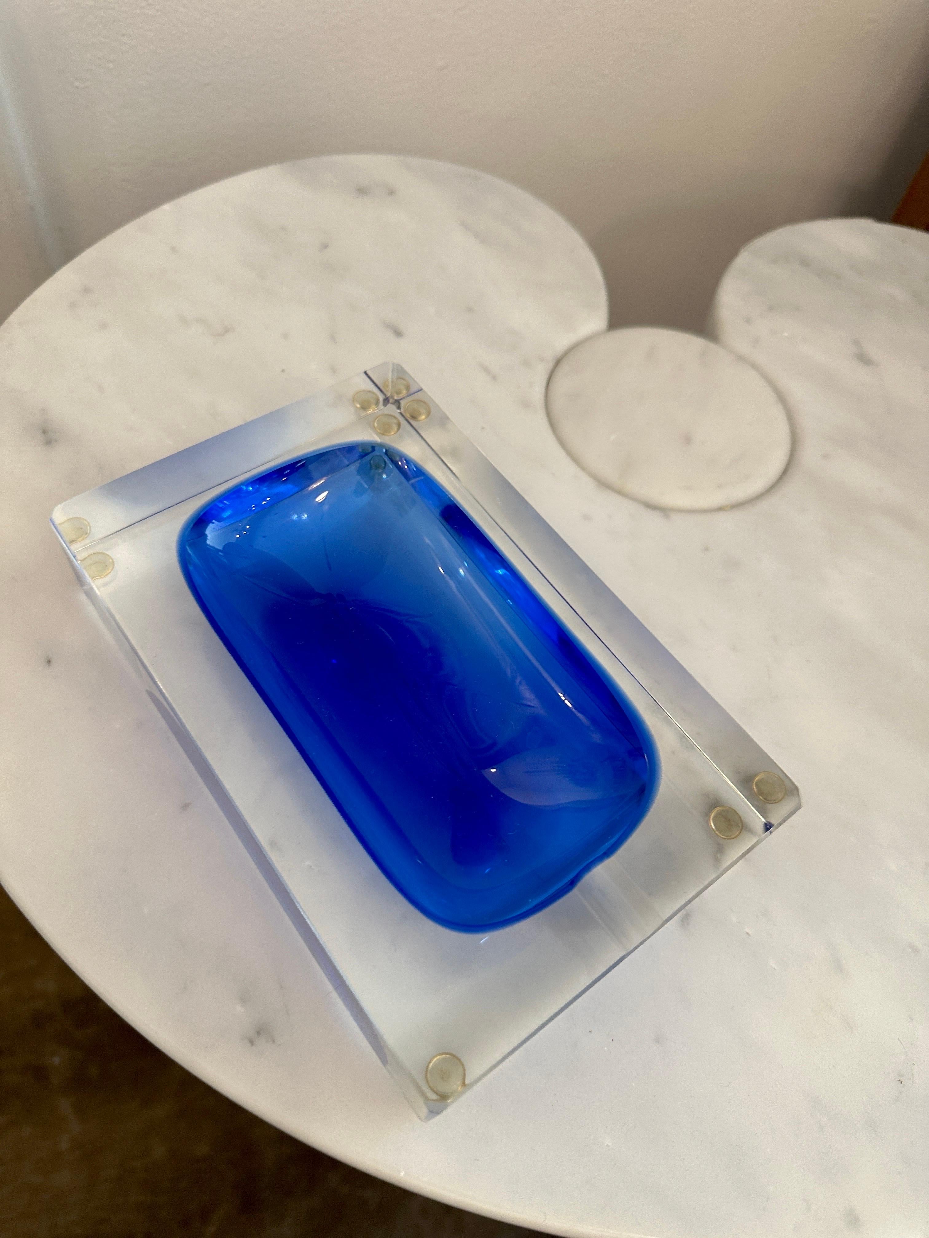 Italian Substantial Blue Murano Glass Ashtray Attributed to Flavio Poli For Sale