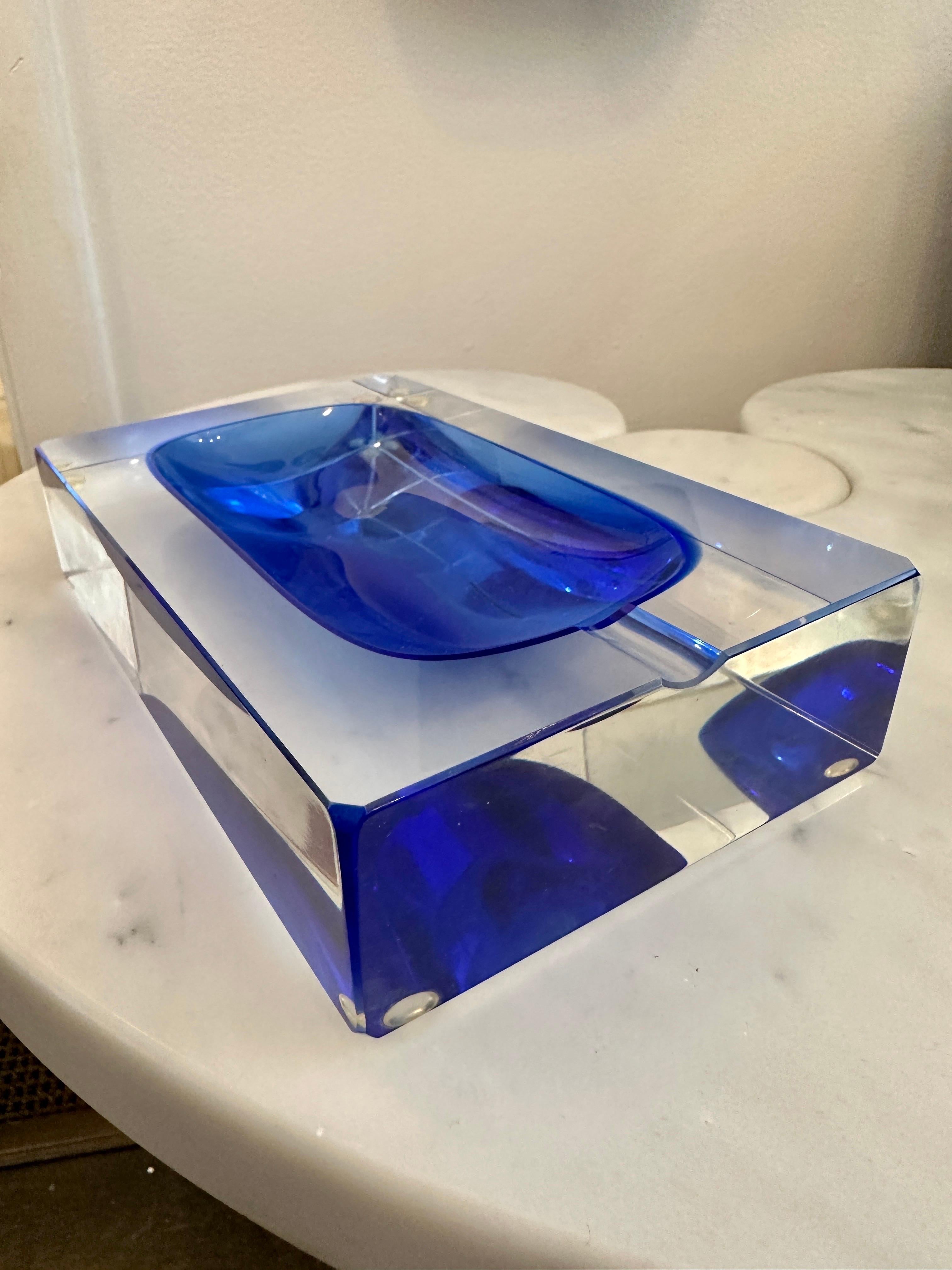Italian Substantial Blue Murano Glass Ashtray Attributed to Flavio Poli For Sale