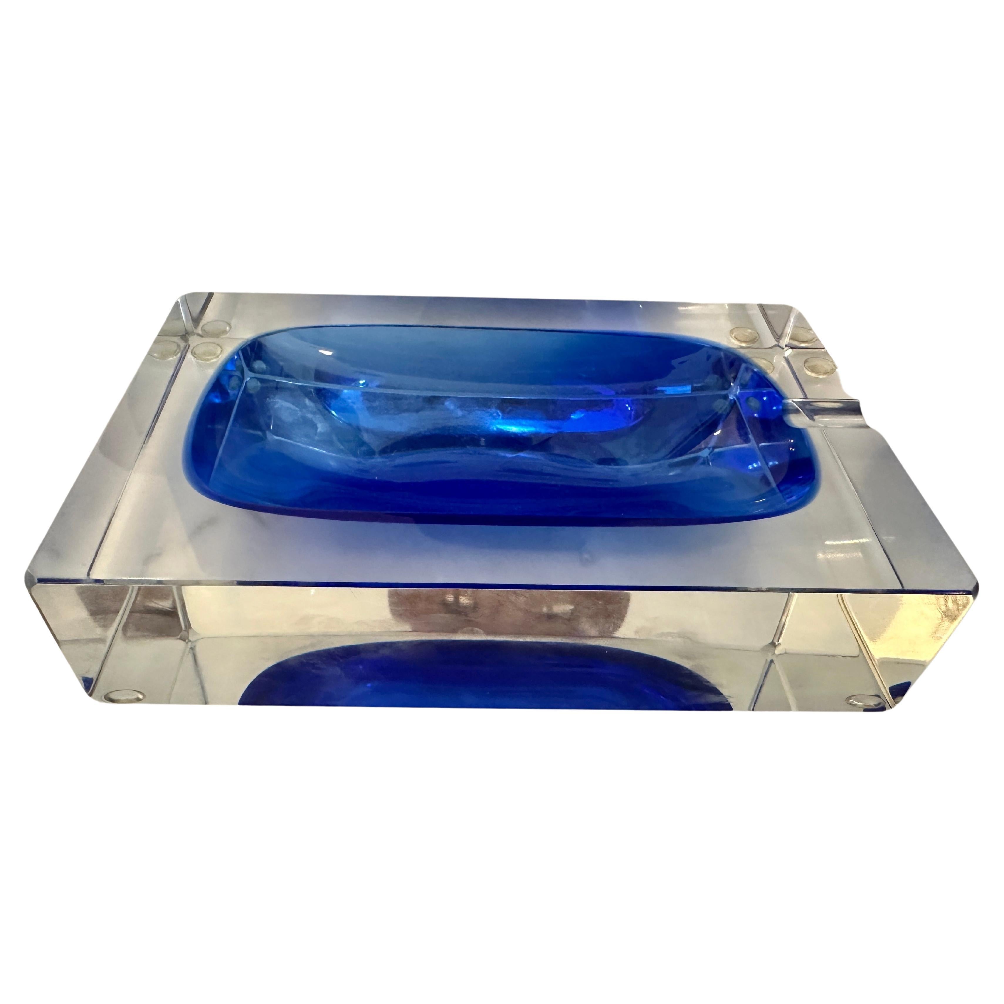 Substantial Blue Murano Glass Ashtray Attributed to Flavio Poli