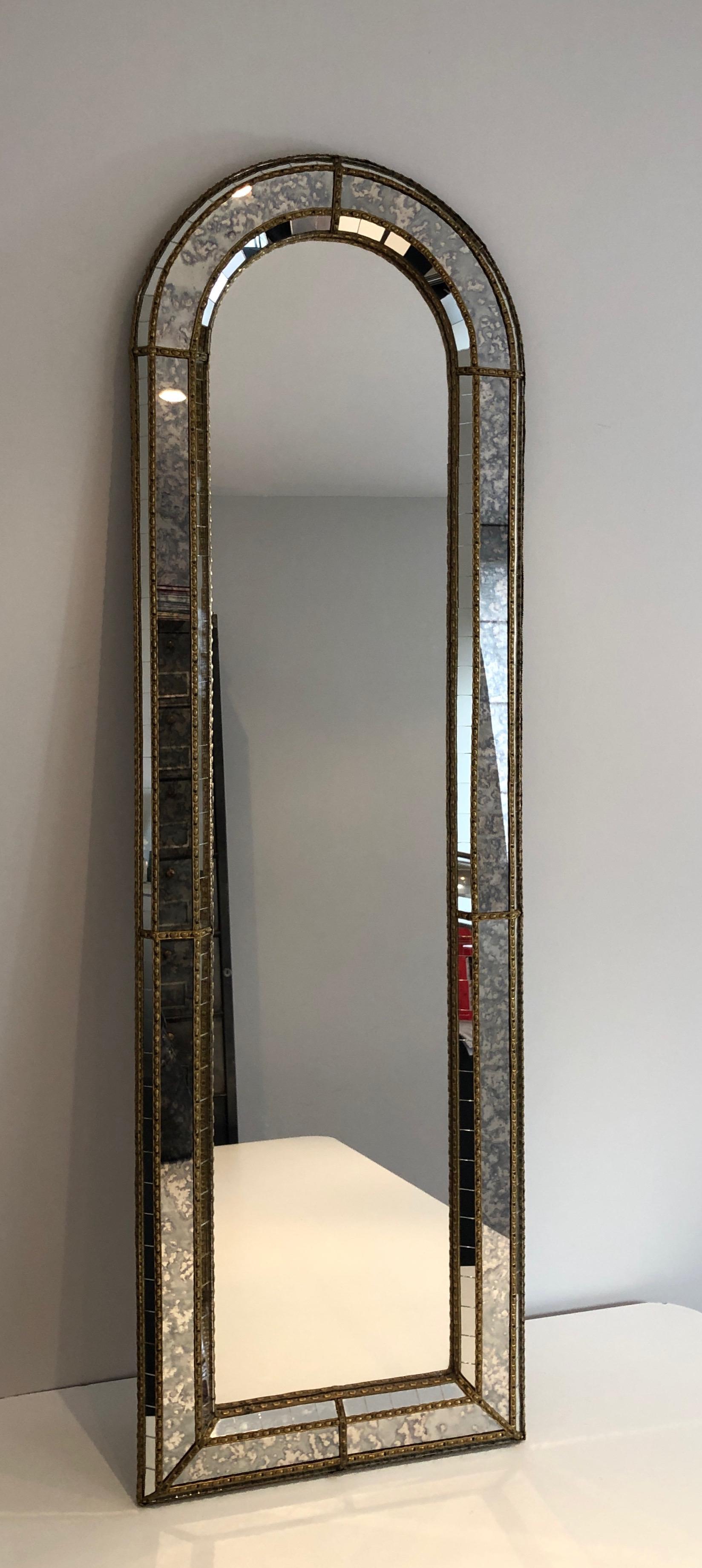 Multi-Facets Mirror Rounded on Top with Brass Garlands, French, Circa 1970 4