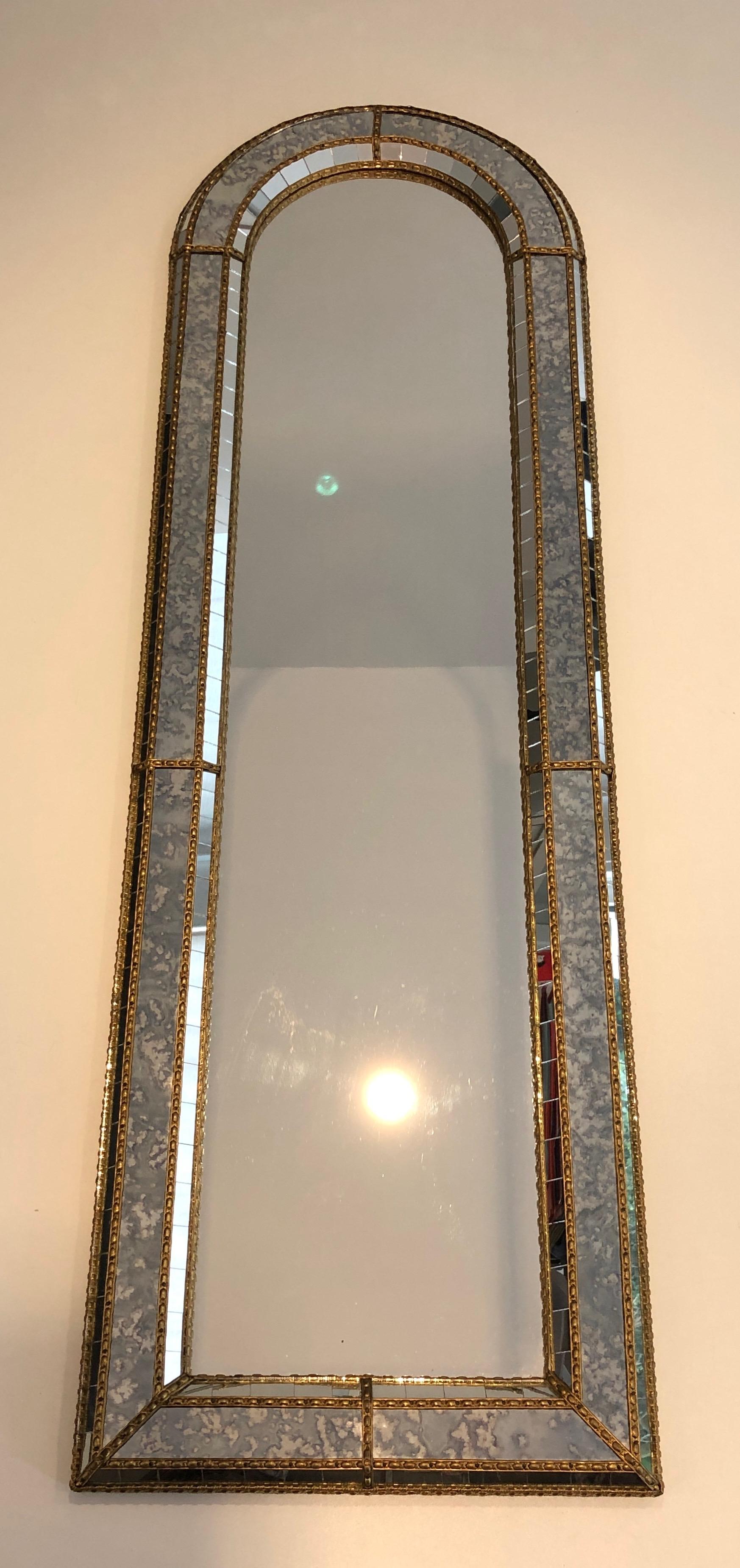 Multi-Facets Mirror Rounded on Top with Brass Garlands, French, Circa 1970 6