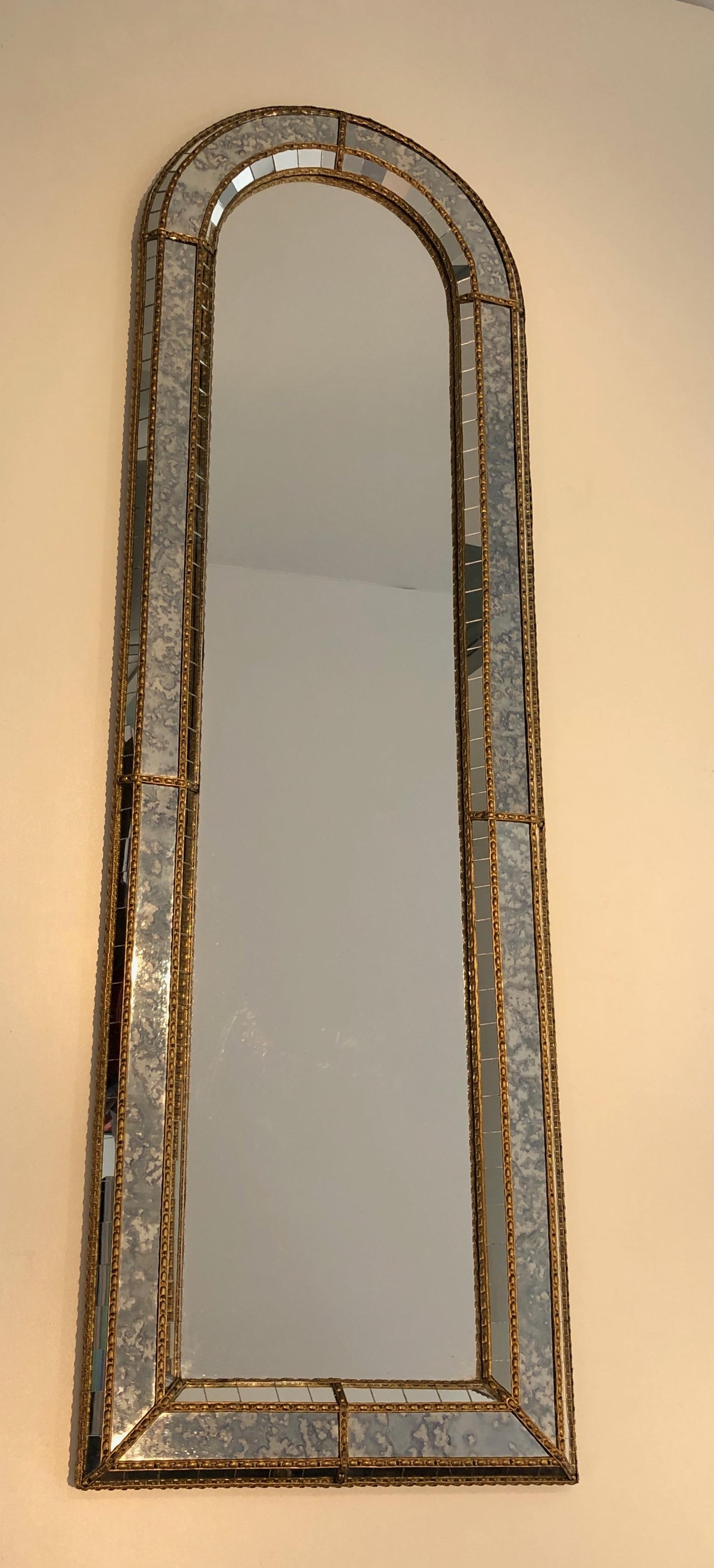 Multi-Facets Mirror Rounded on Top with Brass Garlands, French, Circa 1970 12