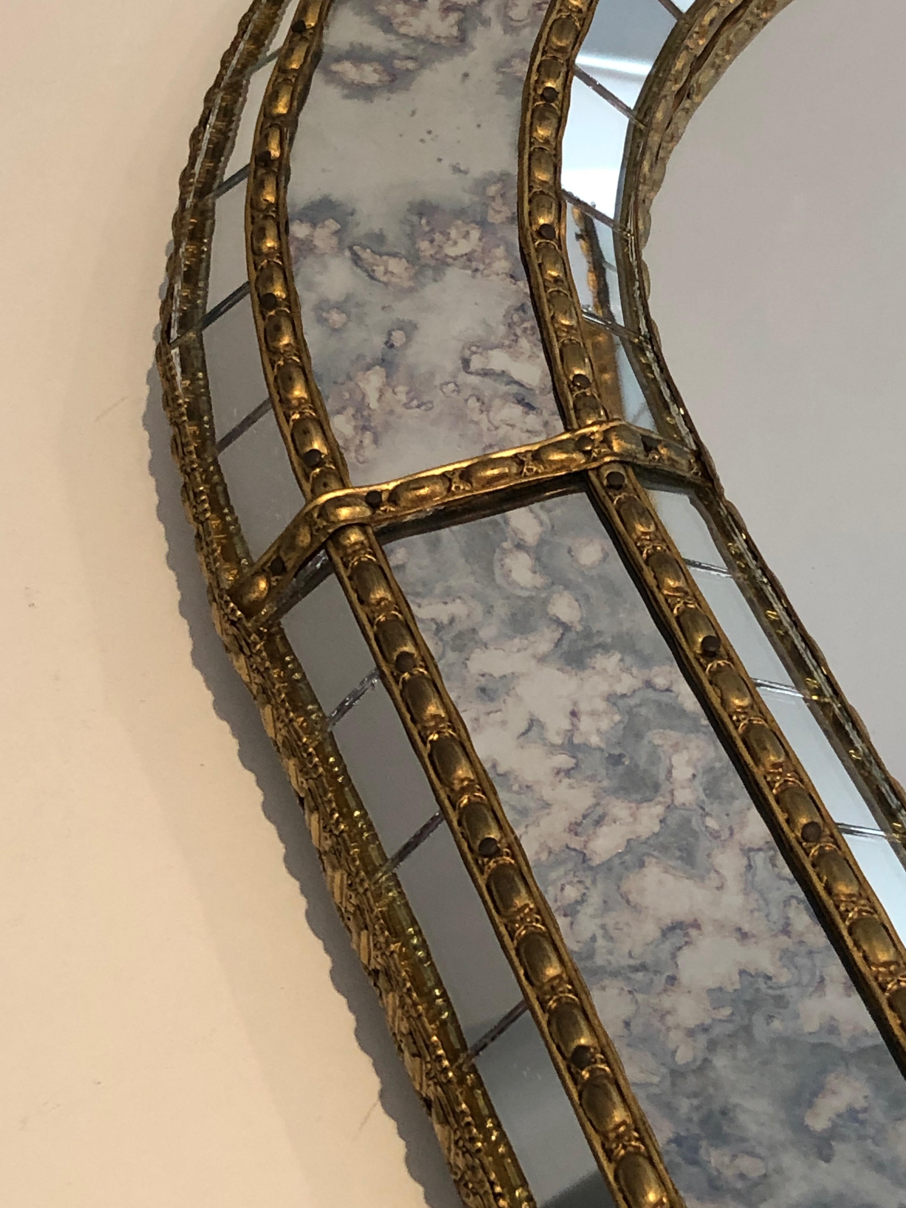 Mid-Century Modern Multi-Facets Mirror Rounded on Top with Brass Garlands, French, Circa 1970