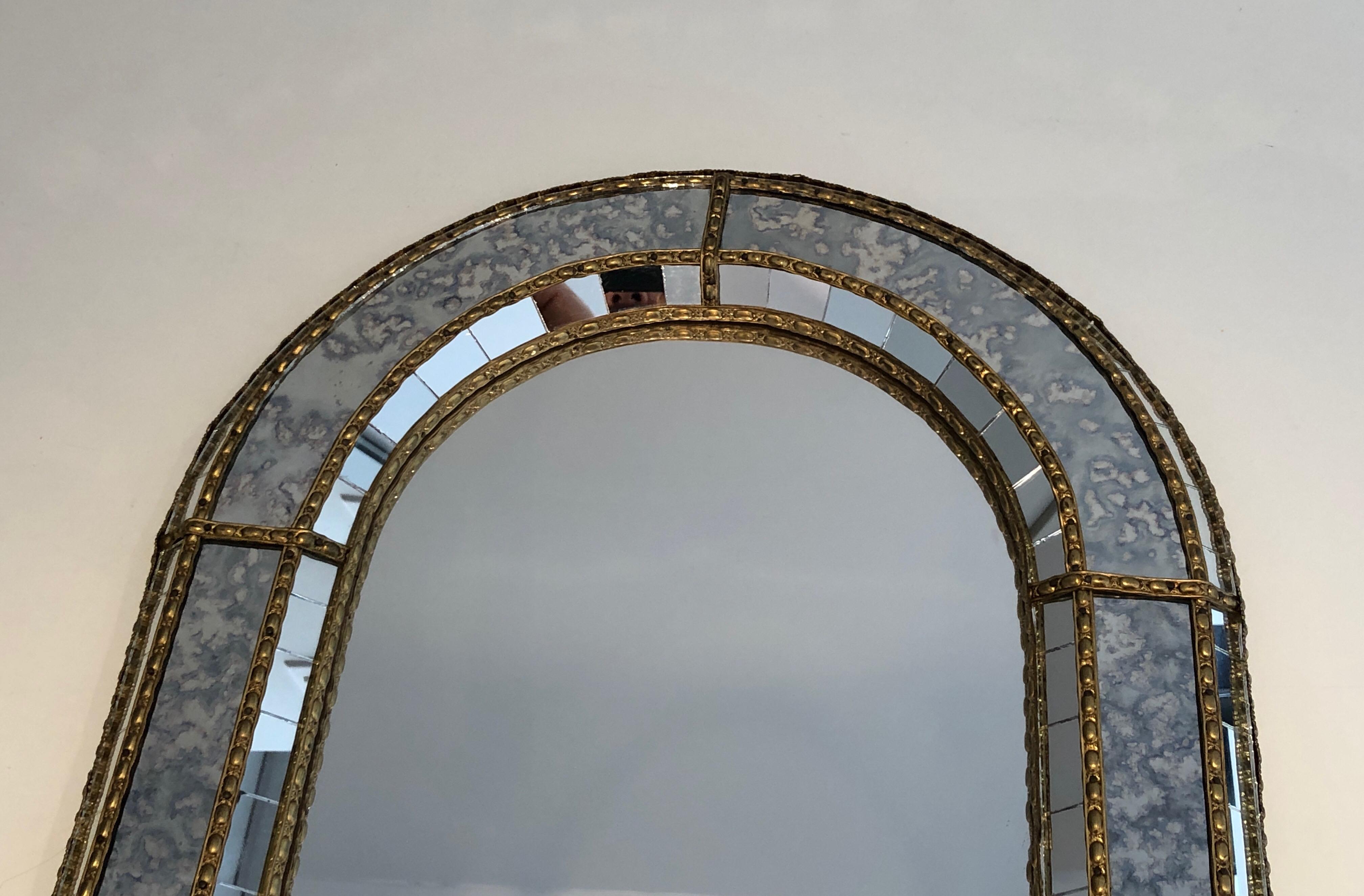 Multi-Facets Mirror Rounded on Top with Brass Garlands, French, Circa 1970 In Good Condition In Marcq-en-Barœul, Hauts-de-France