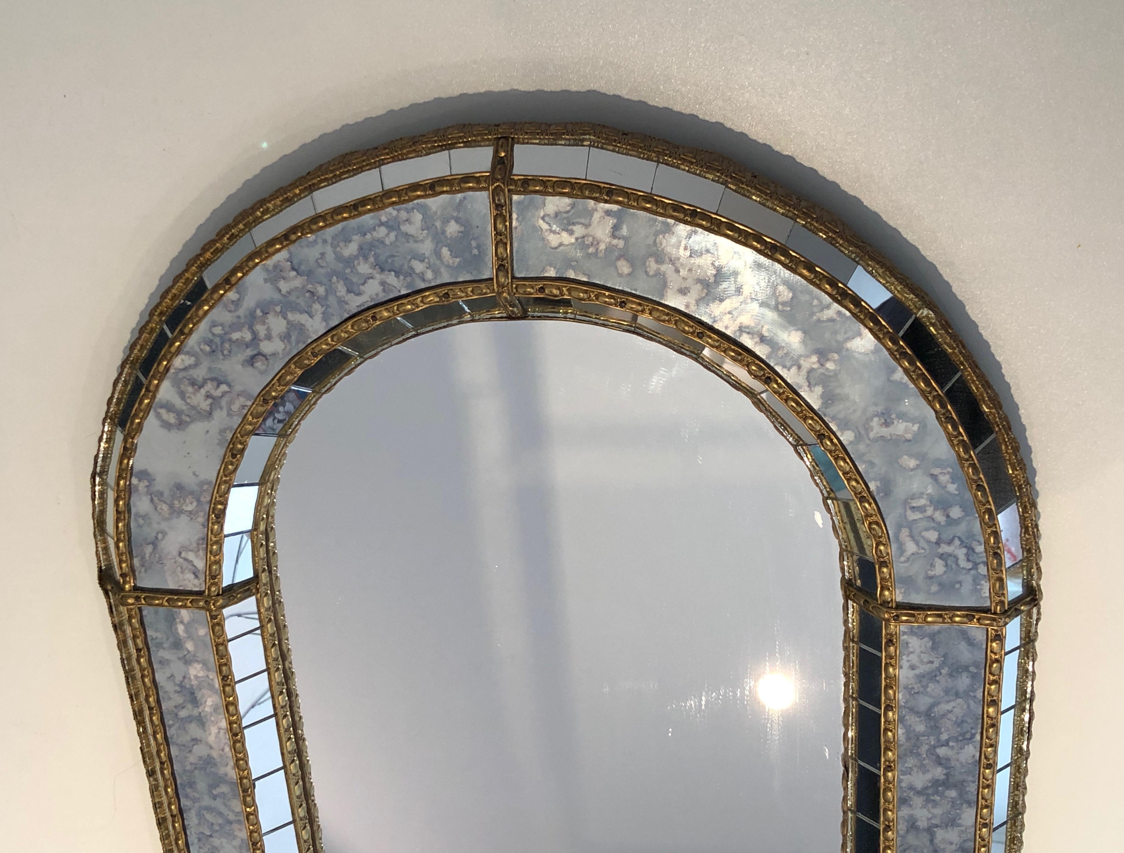 Late 20th Century Multi-Facets Mirror Rounded on Top with Brass Garlands, French, Circa 1970