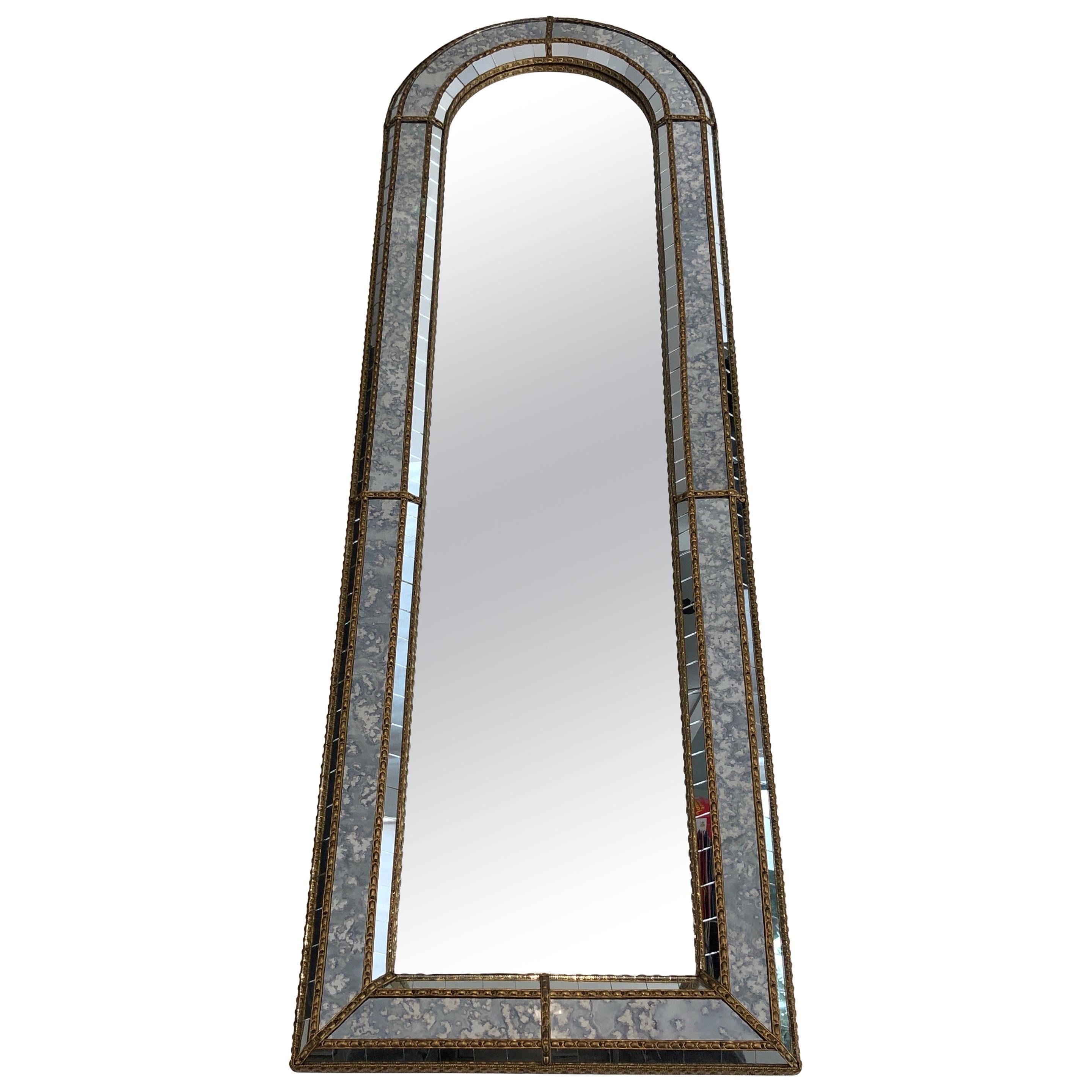 Multi-Facets Mirror Rounded on Top with Brass Garlands, French, Circa 1970