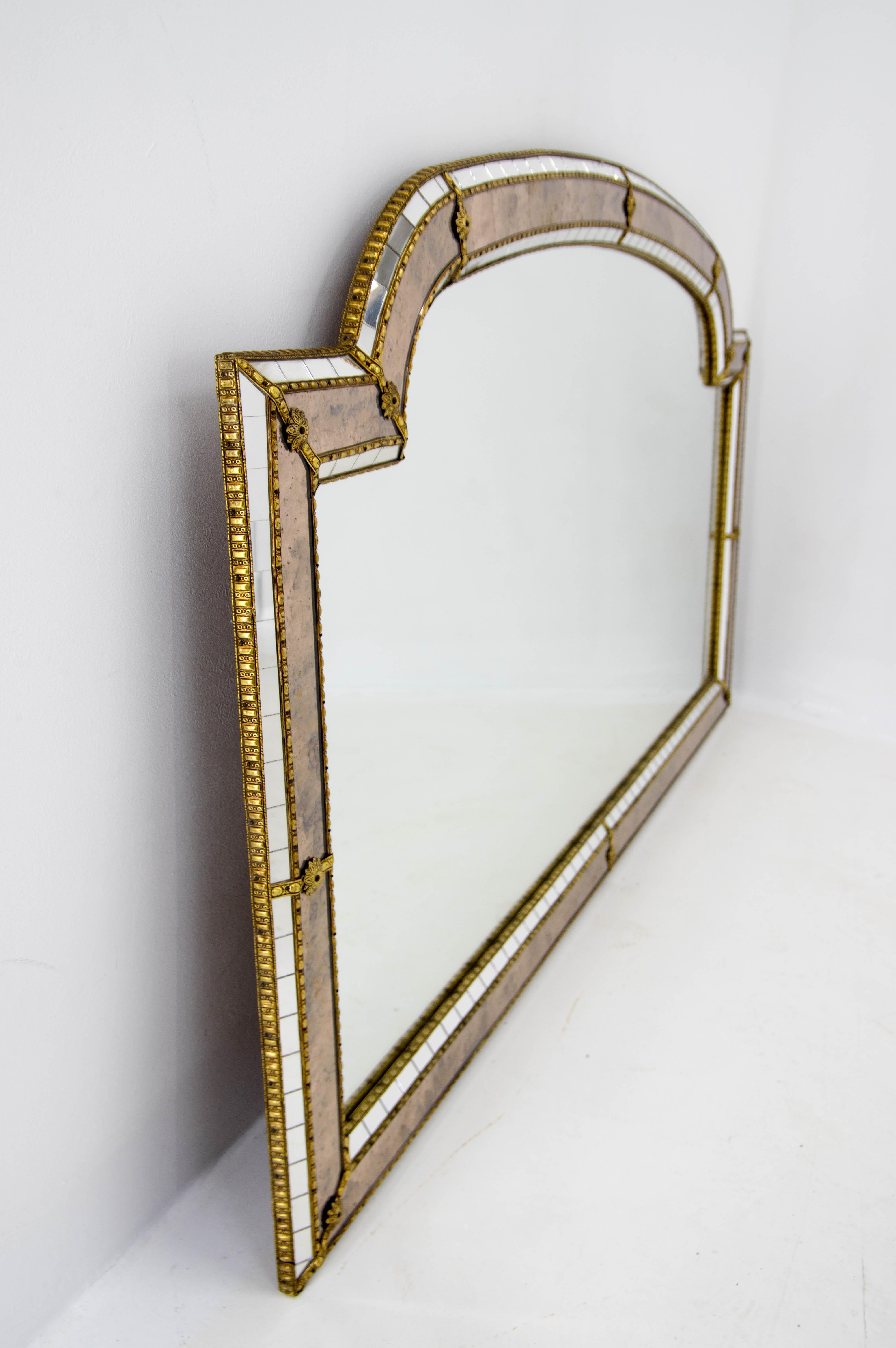 Late 20th Century Multi-Facets Mirror with Brass Garlands, France, 1970s For Sale