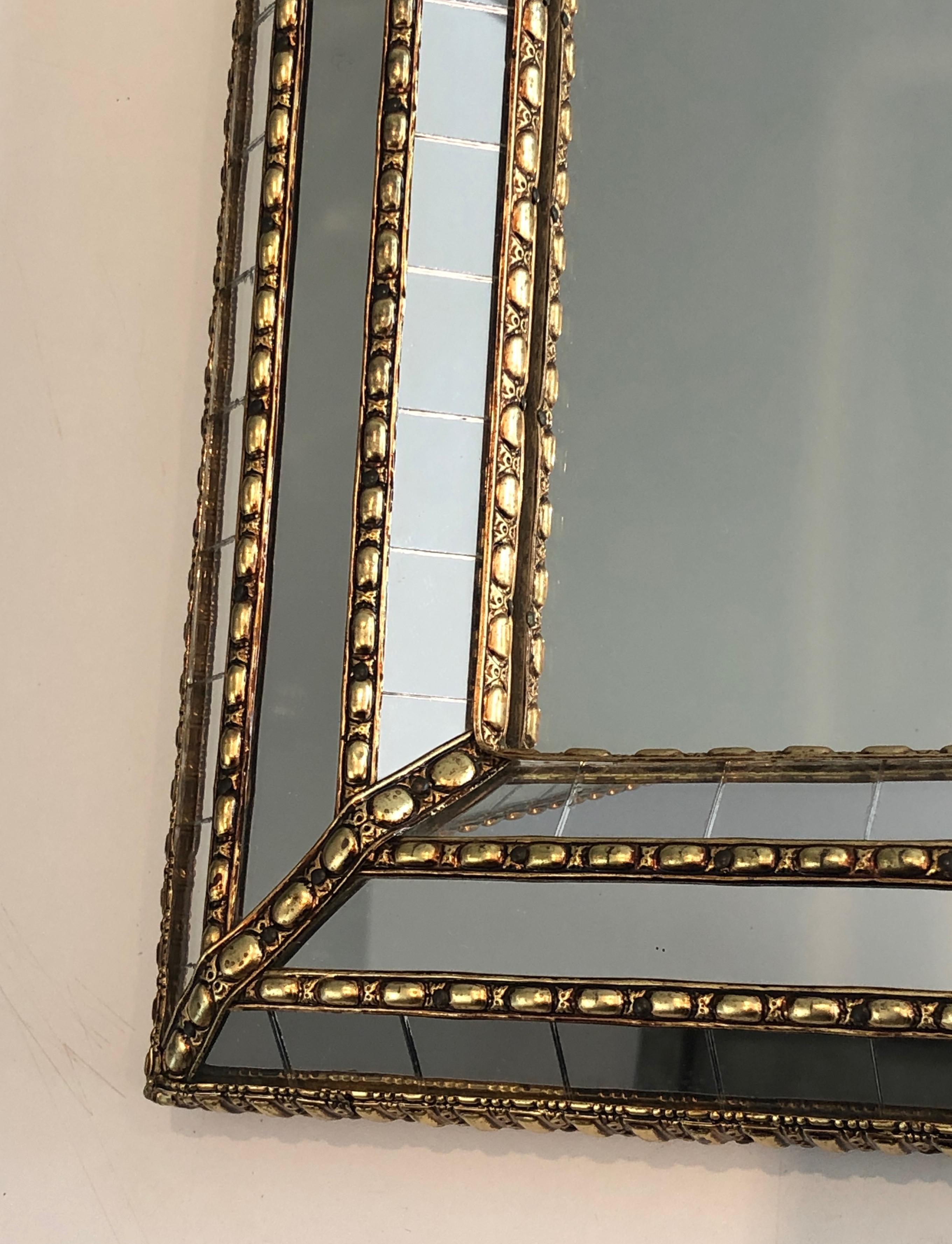 Mid-Century Modern Multi-Facets Mirror with Brass Garlands, French, circa 1970 For Sale