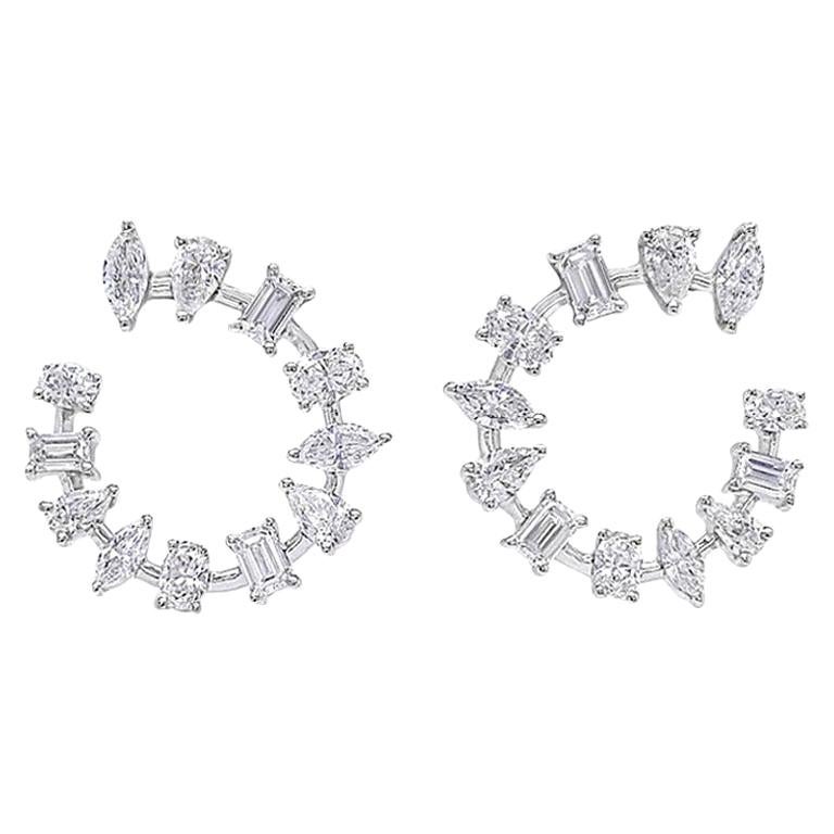 Multi Fancy Shape Diamond Hoop Earrings 3.50 Carat in 14 KT White Gold For Sale