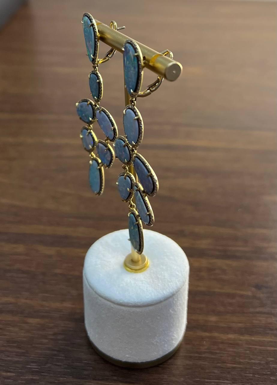 Cabochon Multi Fancy Shape White Blue Boulder Opals Diamond Halo 18K Gold Drop Earrings For Sale