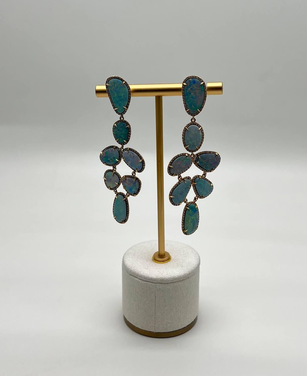 Multi Fancy Shape White Blue Boulder Opals Diamond Halo 18K Gold Drop Earrings For Sale 1