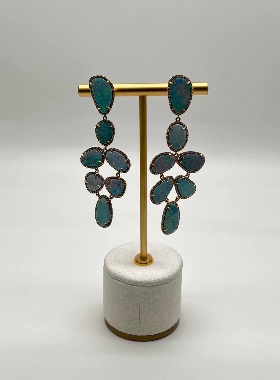 Multi Fancy Shape White Blue Boulder Opals Diamond Halo 18K Gold Drop Earrings For Sale 2