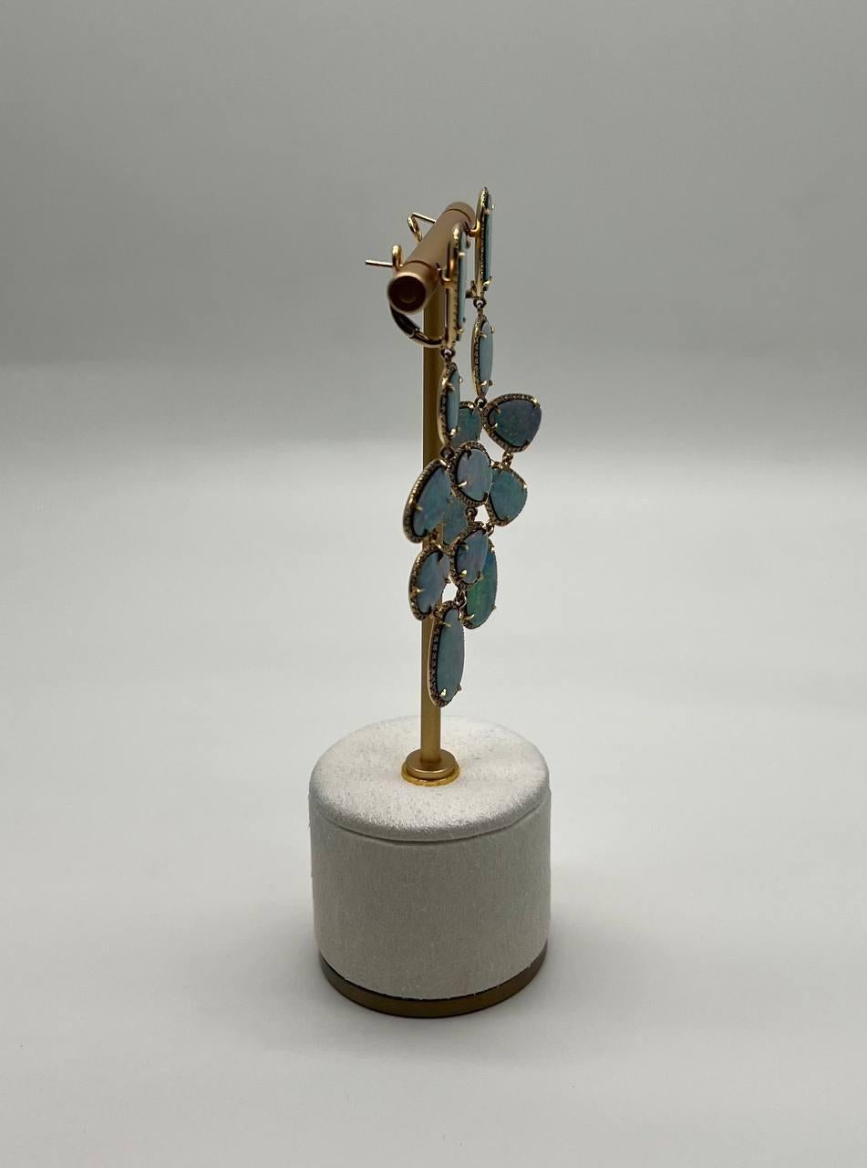 Multi Fancy Shape White Blue Boulder Opals Diamond Halo 18K Gold Drop Earrings For Sale 3