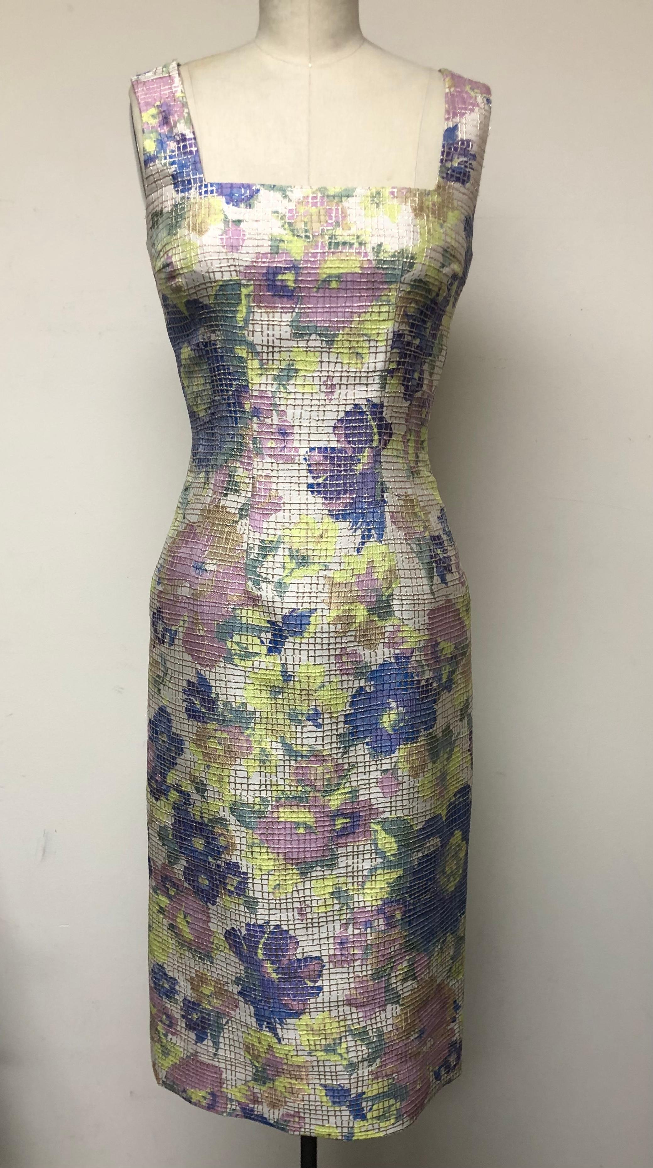 Multi Floral Square Neck Slim Dress with Matching Capelette Jacket In Excellent Condition For Sale In Los Angeles, CA
