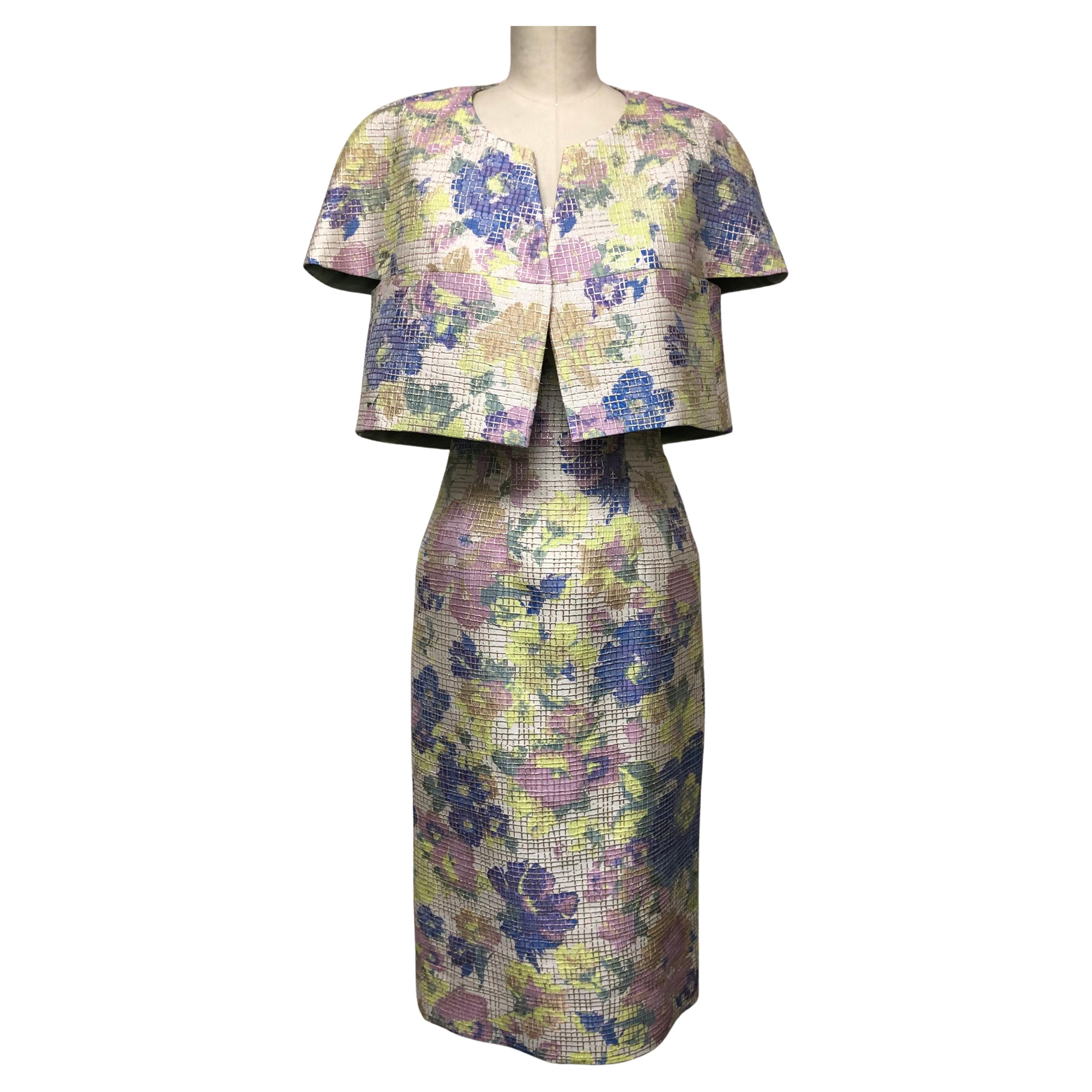Multi Floral Square Neck Slim Dress with Matching Capelette Jacket For Sale