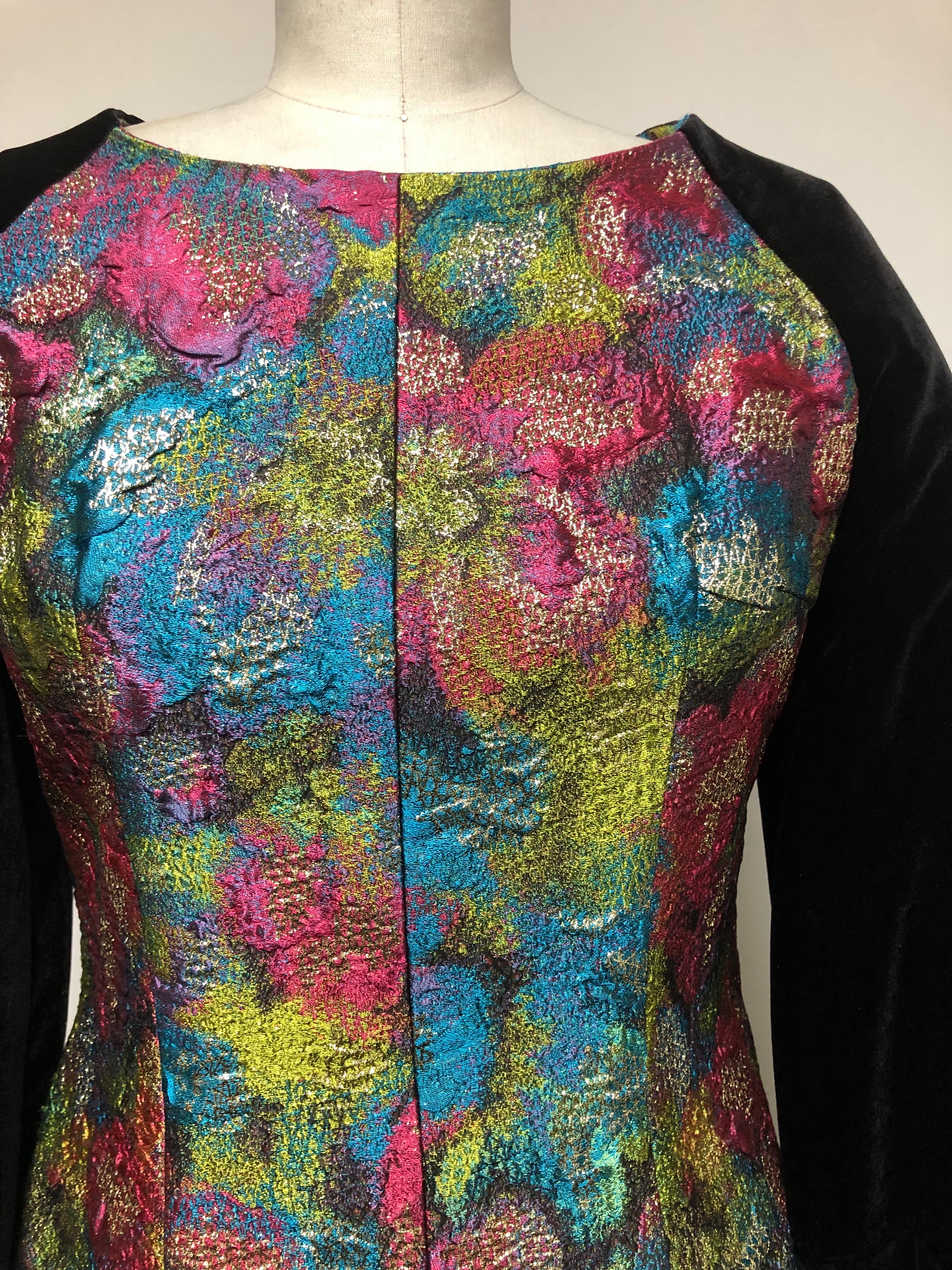 Multi French Brocade Slim Dress with Velvet Full Sleeve In Excellent Condition For Sale In Los Angeles, CA