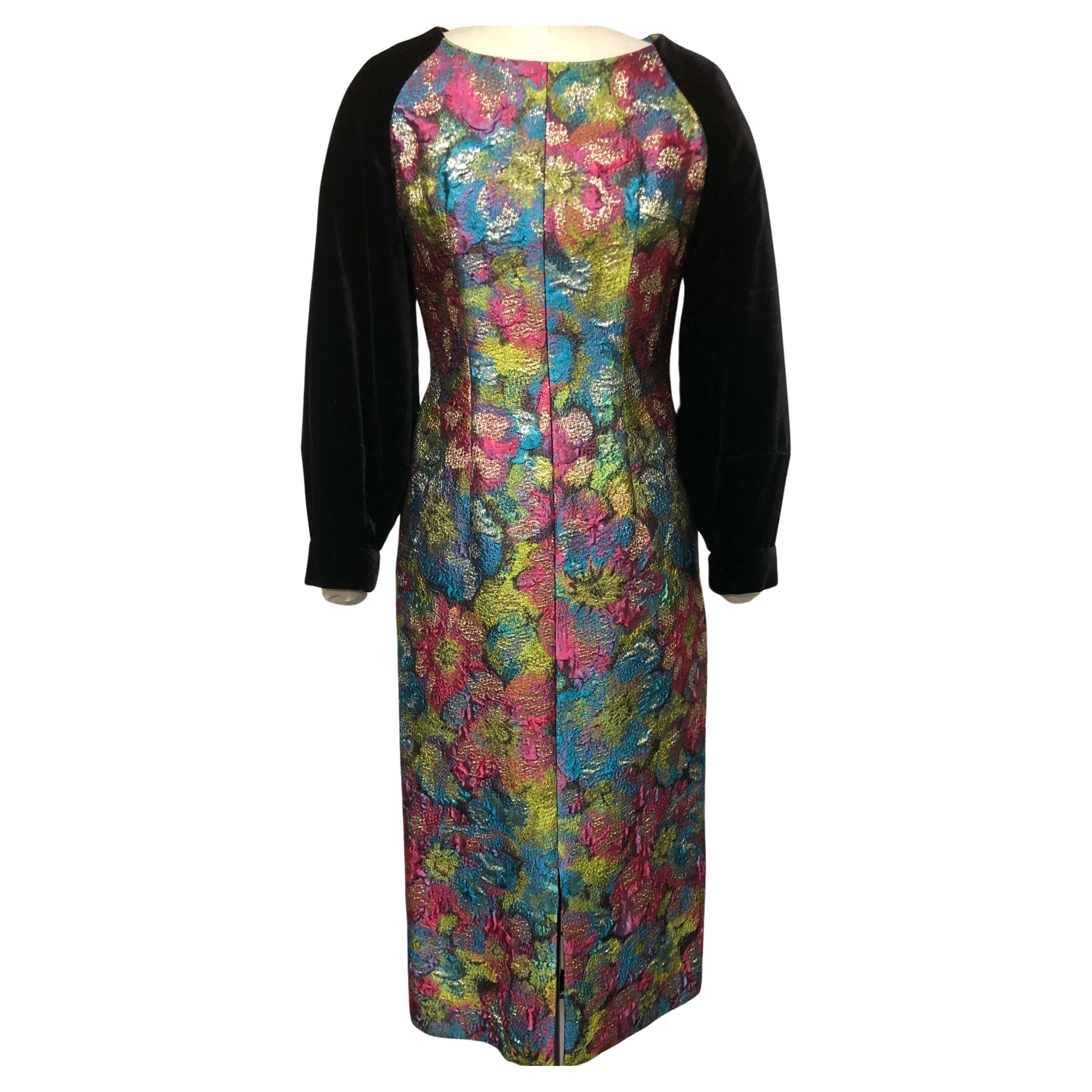 Multi French Brocade Slim Dress with Velvet Full Sleeve For Sale