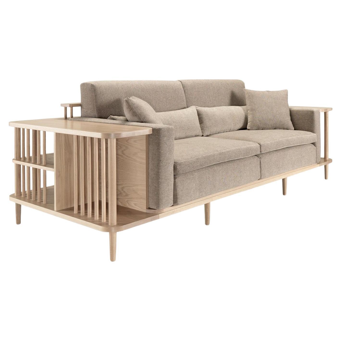 Multi-Functional Sofa with Oak Frame and Built-In Storage For Sale