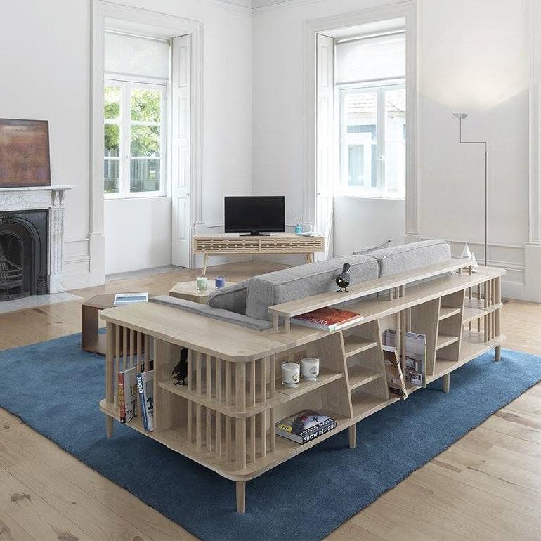 Multi-Functional Sofa with Walnut Frame and Built-In Storage For Sale 6