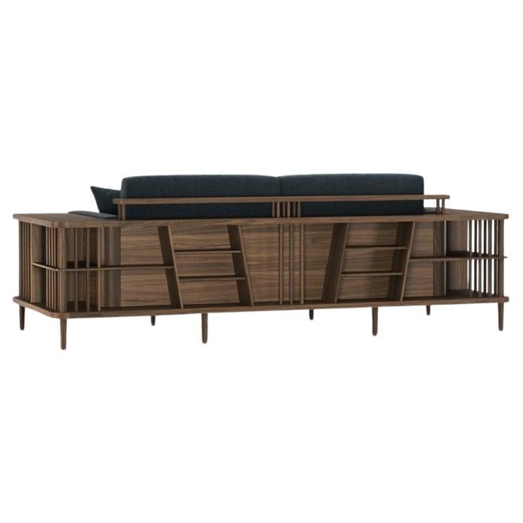 Contemporary Multi-Functional Sofa with Walnut Frame and Built-In Storage For Sale