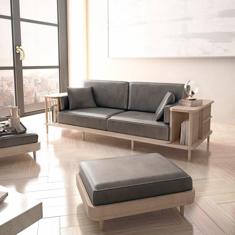 Fabric Multi-Functional Sofa with Walnut Frame and Built-In Storage For Sale