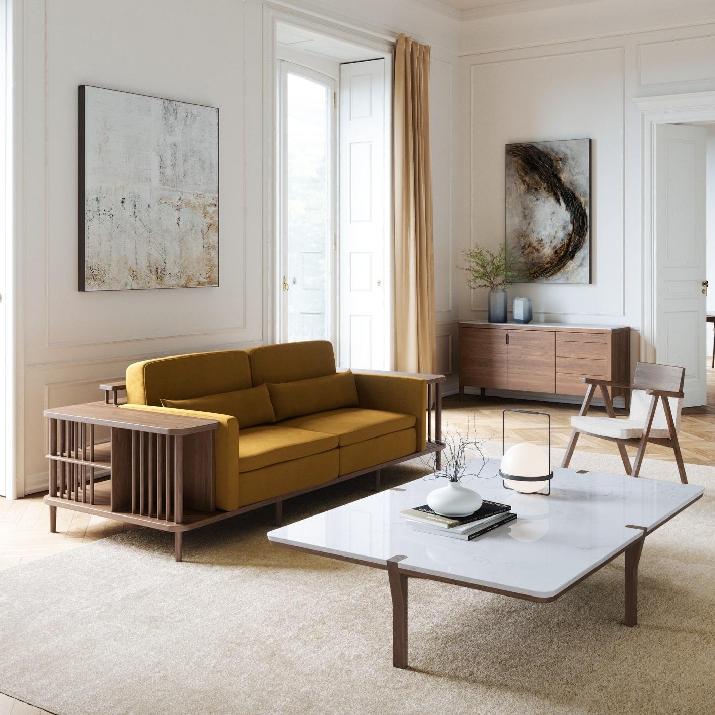 Multi-Functional Sofa with Walnut Frame and Built-In Storage For Sale 1