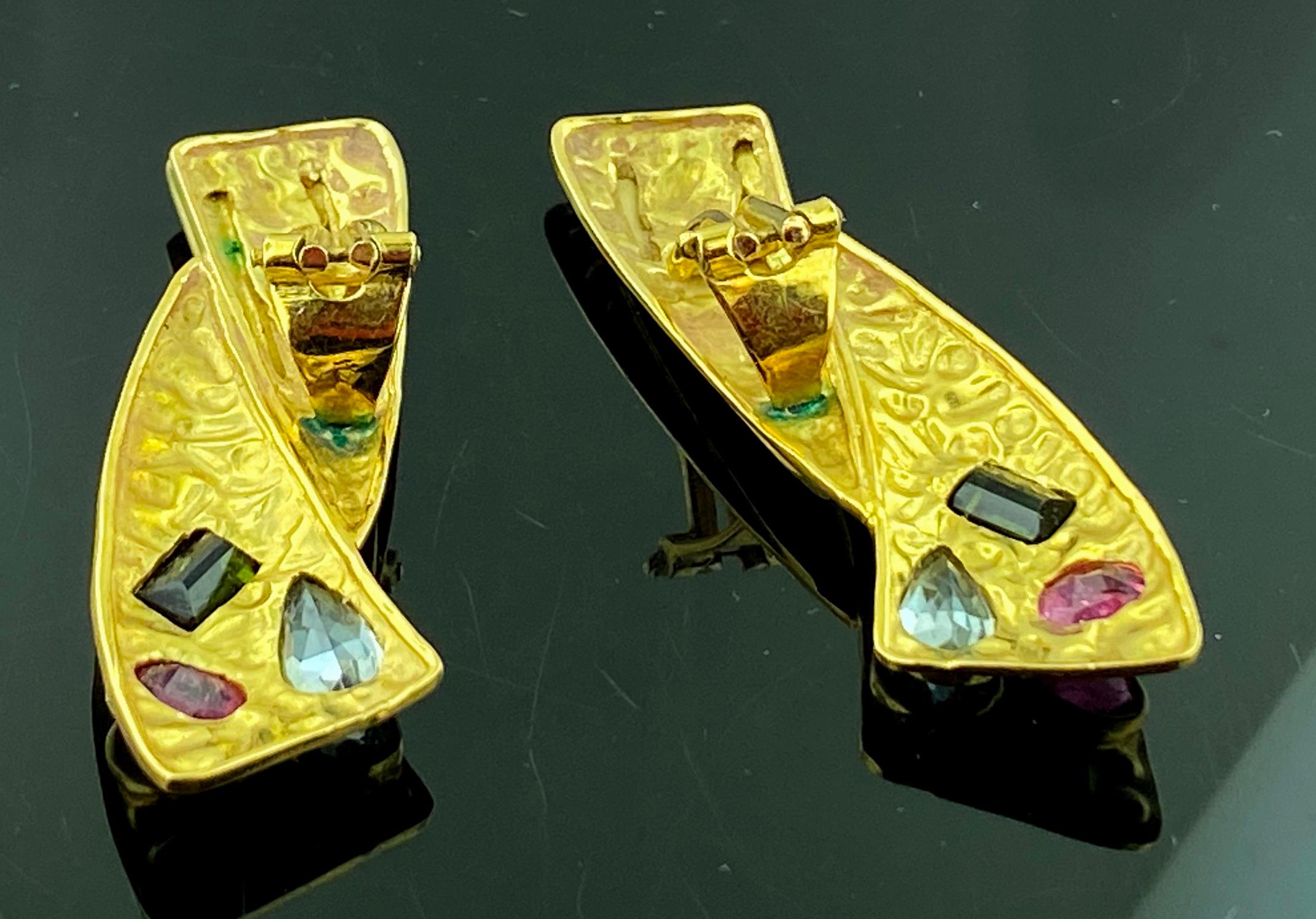 Women's or Men's Multi-Gem 18 Karat Yellow Gold Drop Earrings For Sale