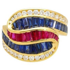 Retro Multi-Gem 3 Carat Baguette Cut Cluster Ruby, Blue Sapphire & Diamond Ring