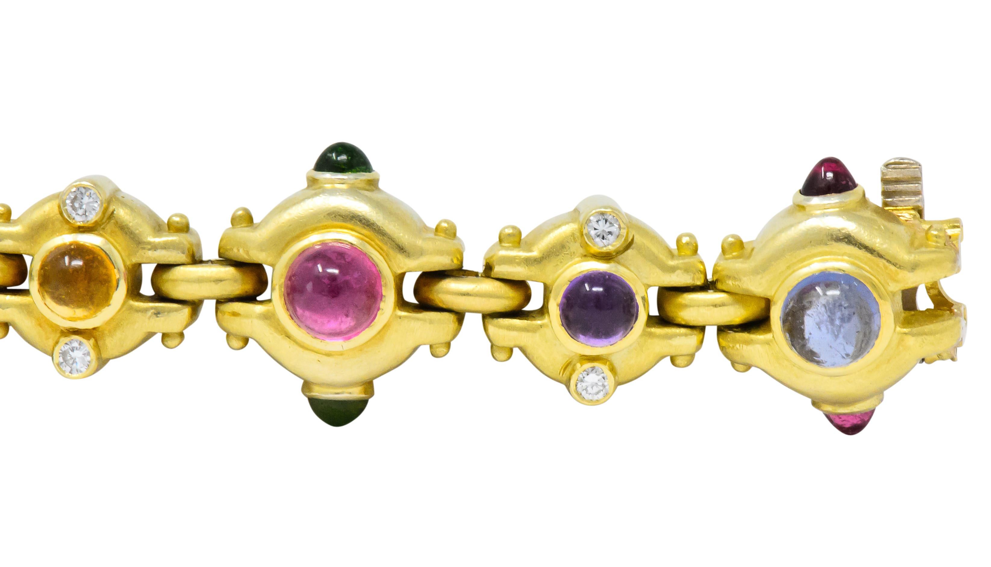 Multi-Gem Amethyst Citrine Tourmaline Peridot Diamond 18 Karat Gold Bracelet In Excellent Condition In Philadelphia, PA