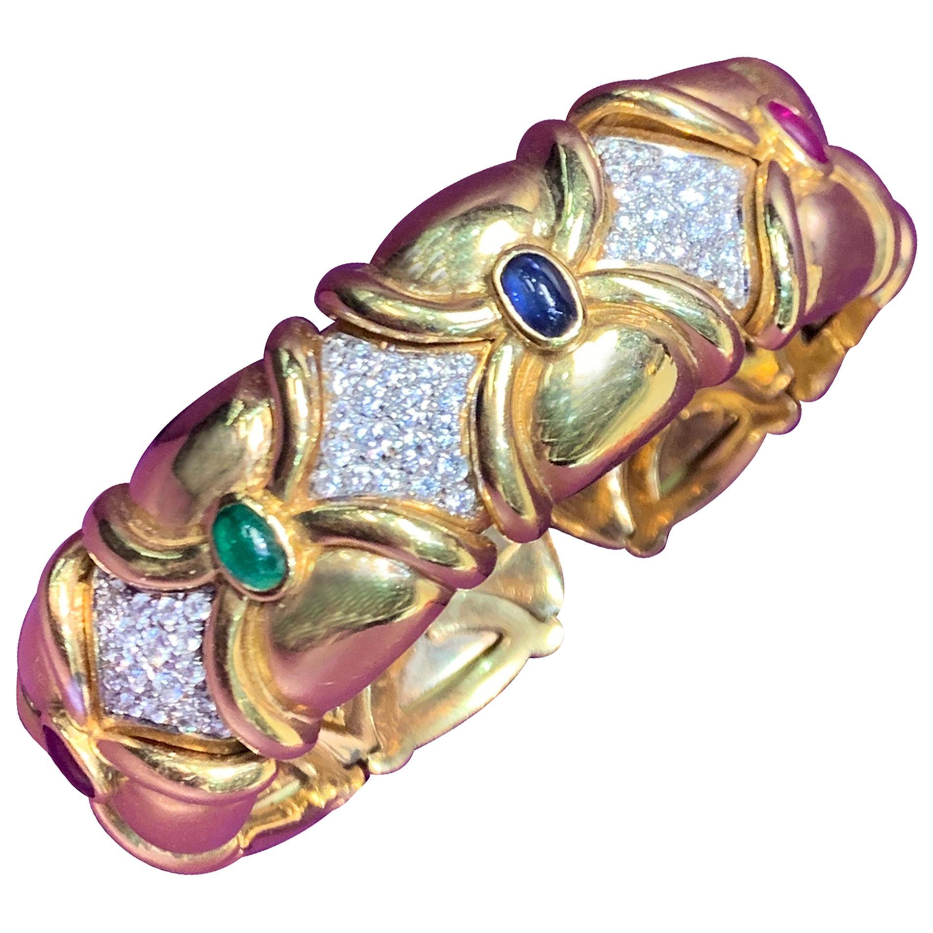 Multi Gem and Diamond Bangle Bracelet For Sale