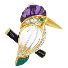 Retro Multi Gem and Diamond Brooch/ Pendant, 18k Yellow Gold