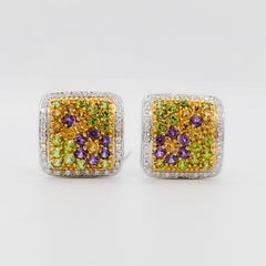 Multi Gem and Diamond Cluster Earrings in 18k Gold