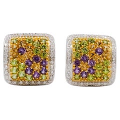 Multi Gem and Diamond Cluster Earrings in 18k Gold