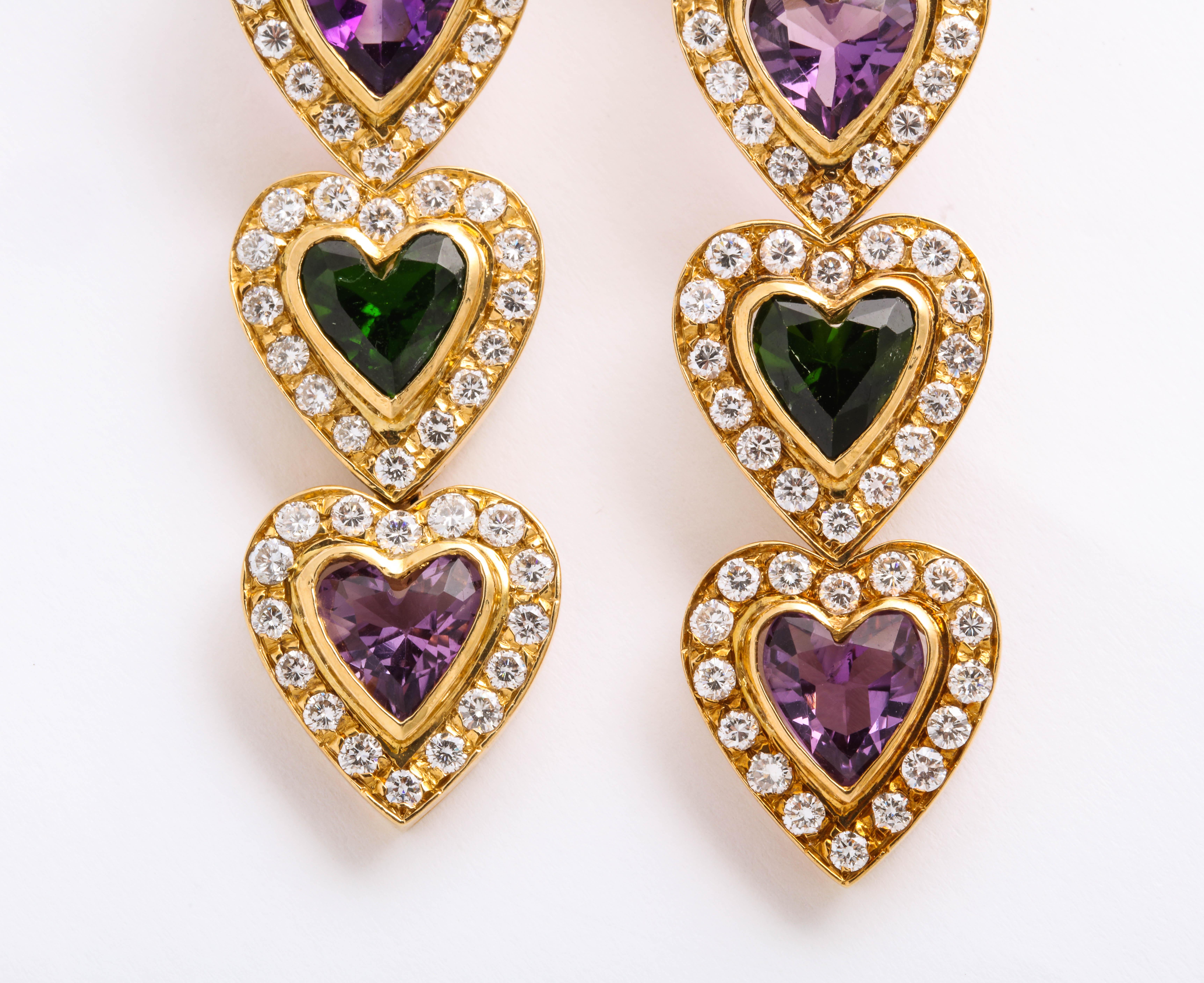 Multi Gem and Diamond Heart Earrings For Sale 3