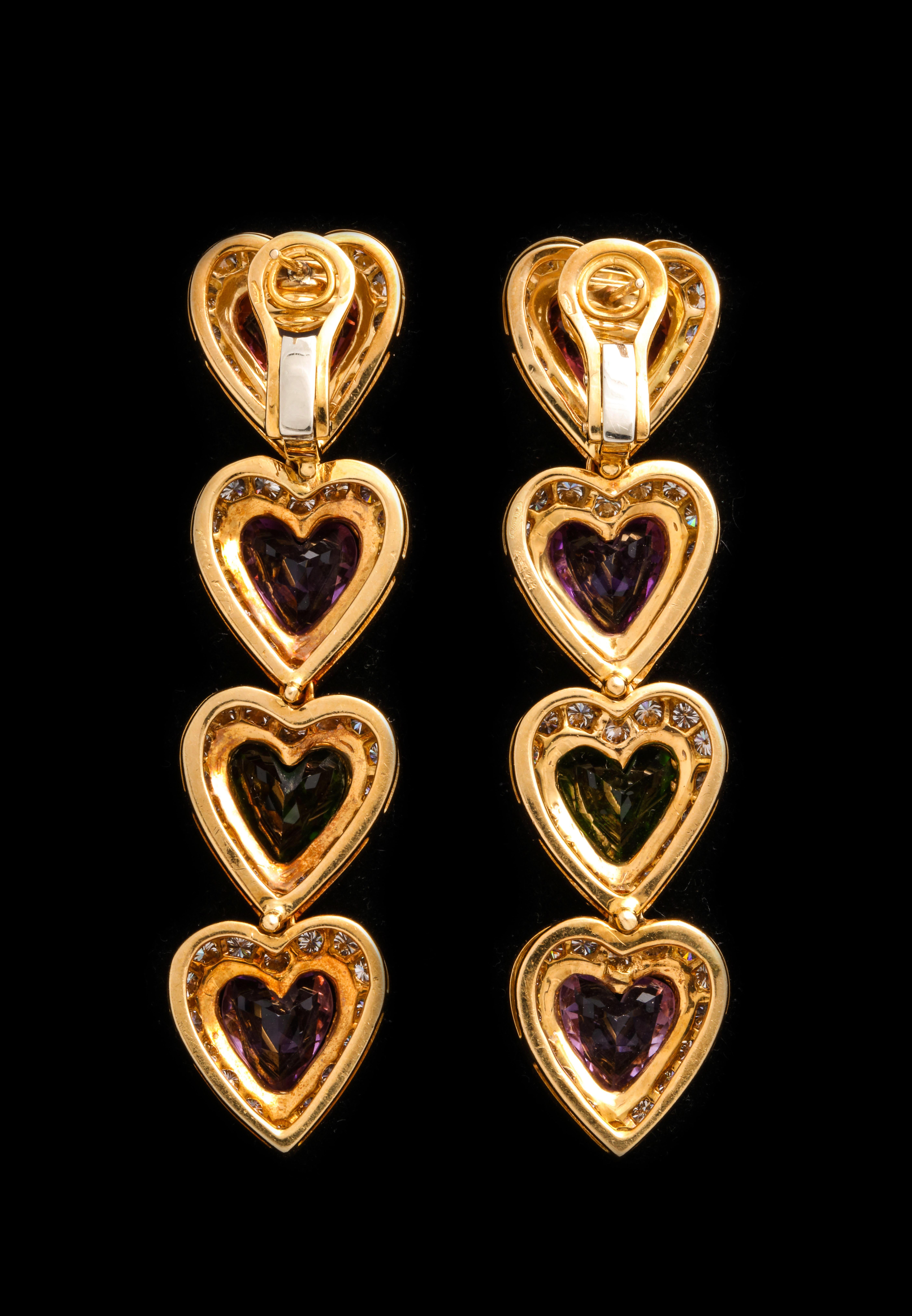 Multi Gem and Diamond Heart Earrings In Excellent Condition For Sale In New York, NY