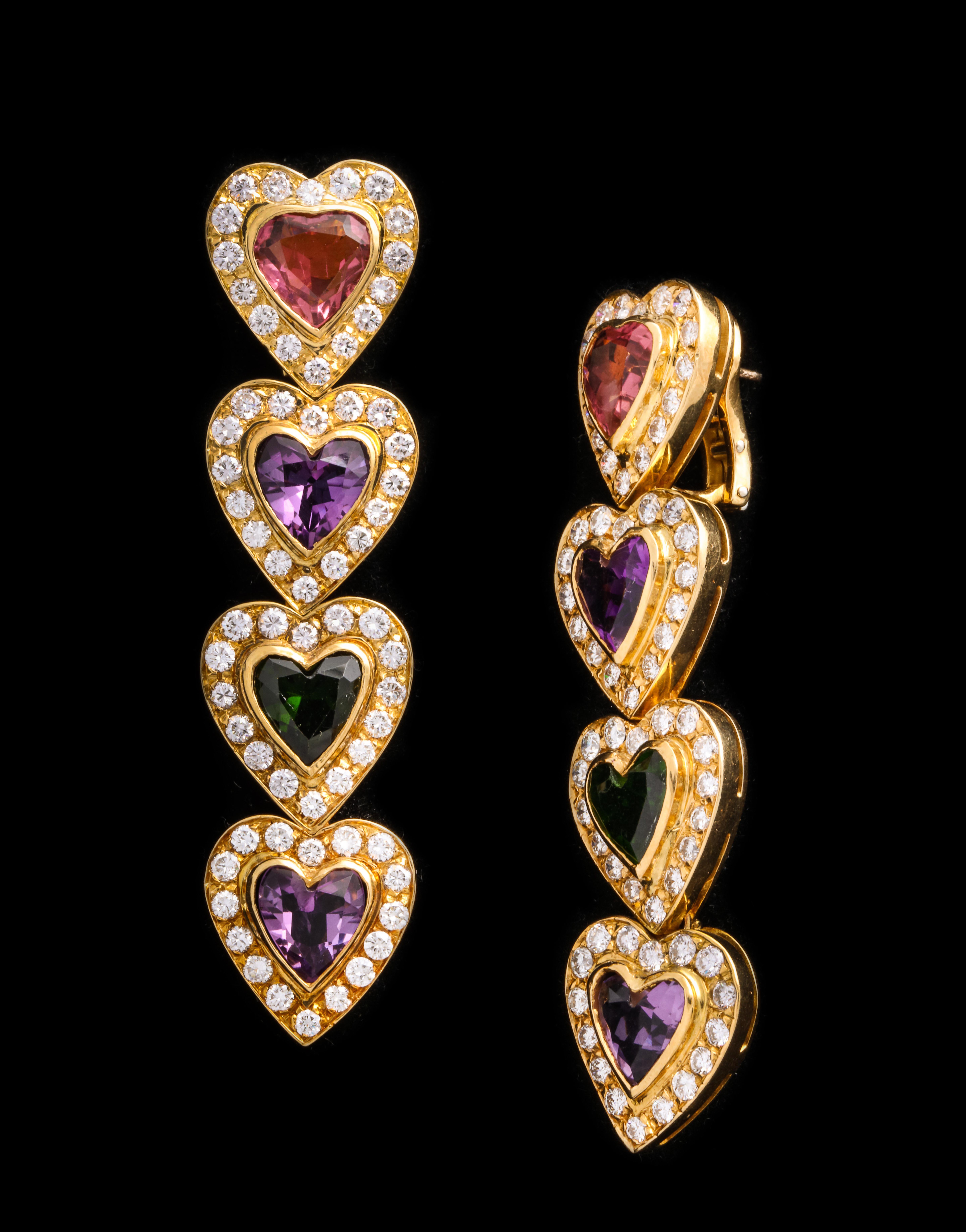 Women's Multi Gem and Diamond Heart Earrings For Sale