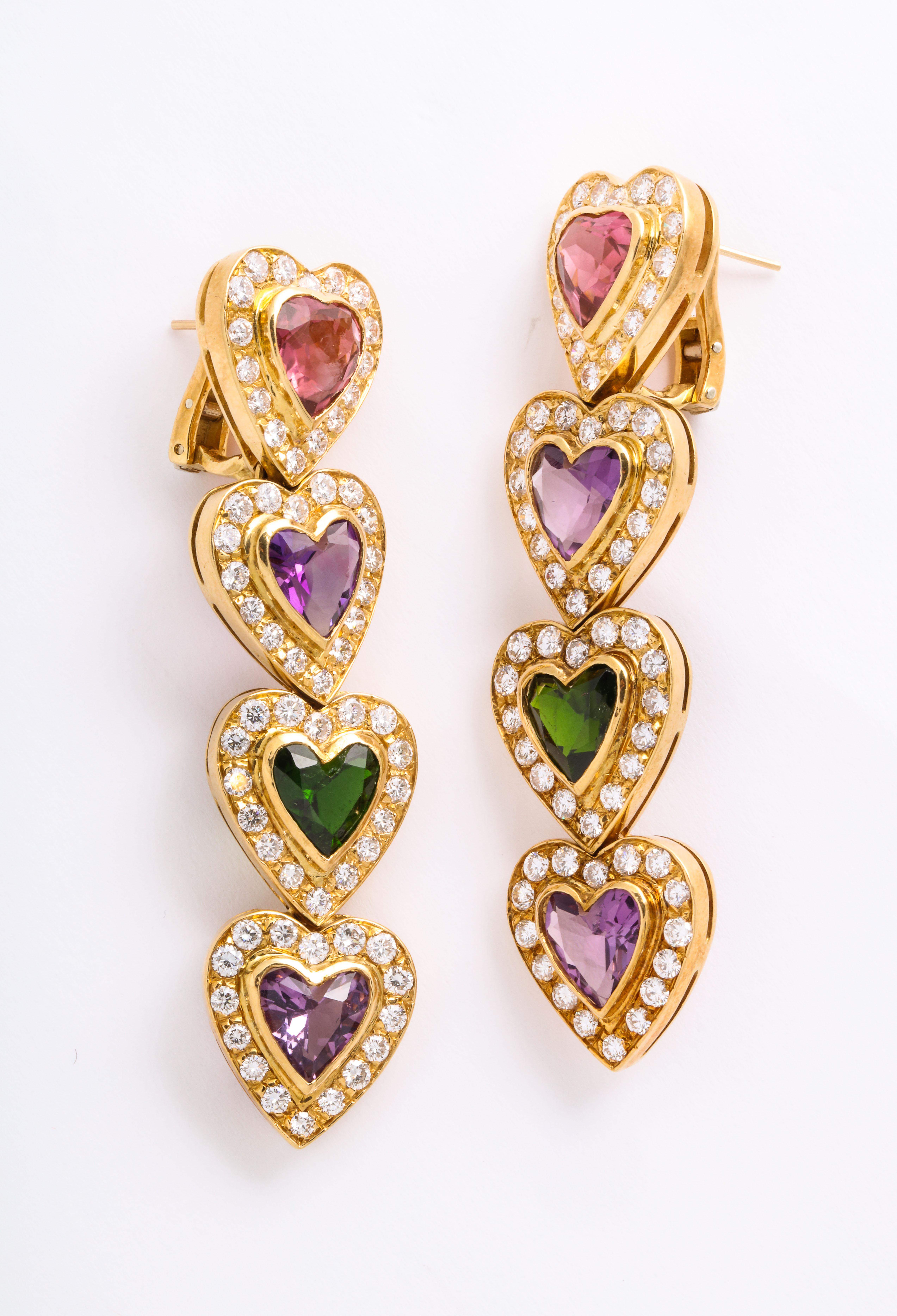 Multi Gem and Diamond Heart Earrings For Sale 1