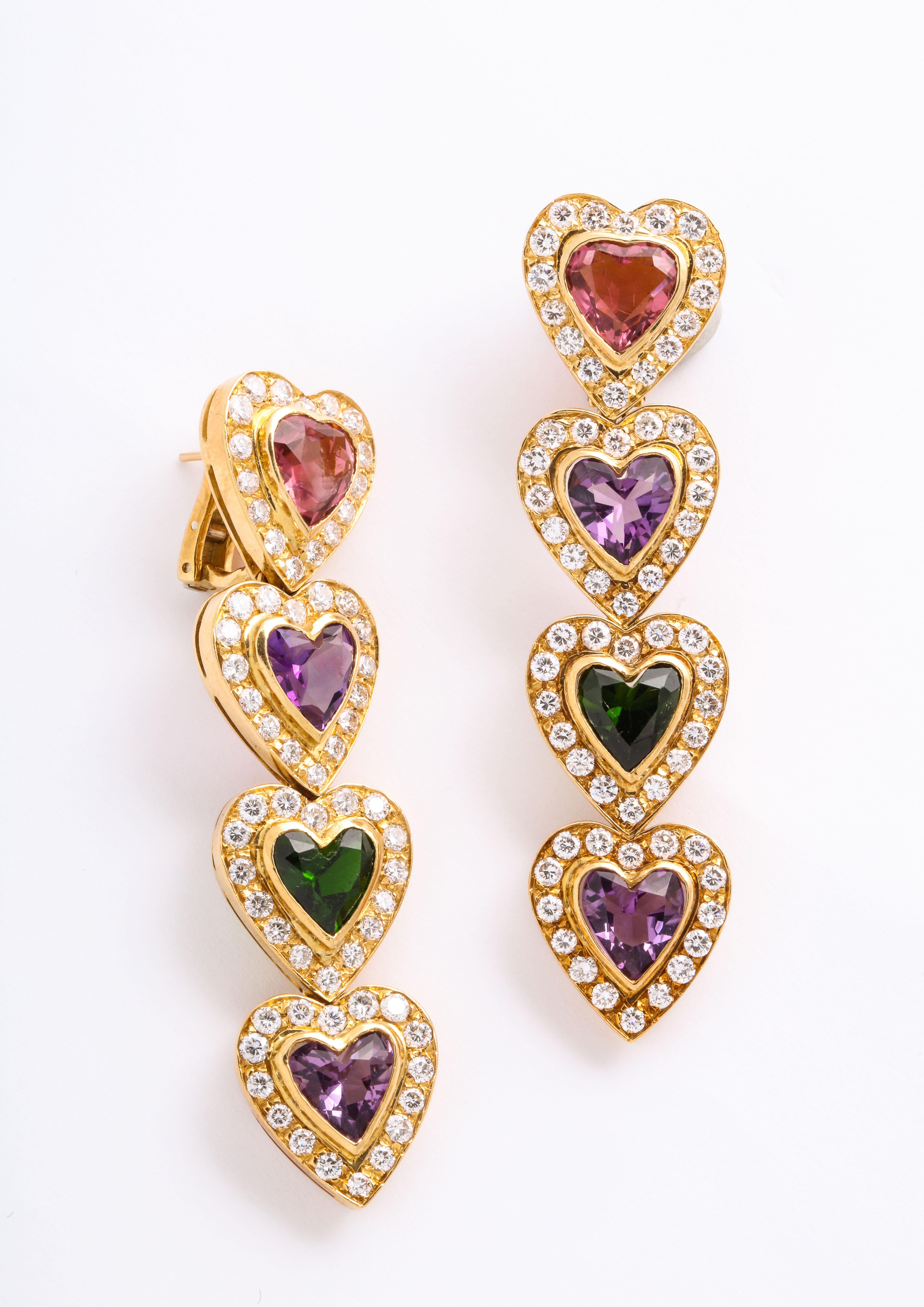 Multi Gem and Diamond Heart Earrings For Sale 2