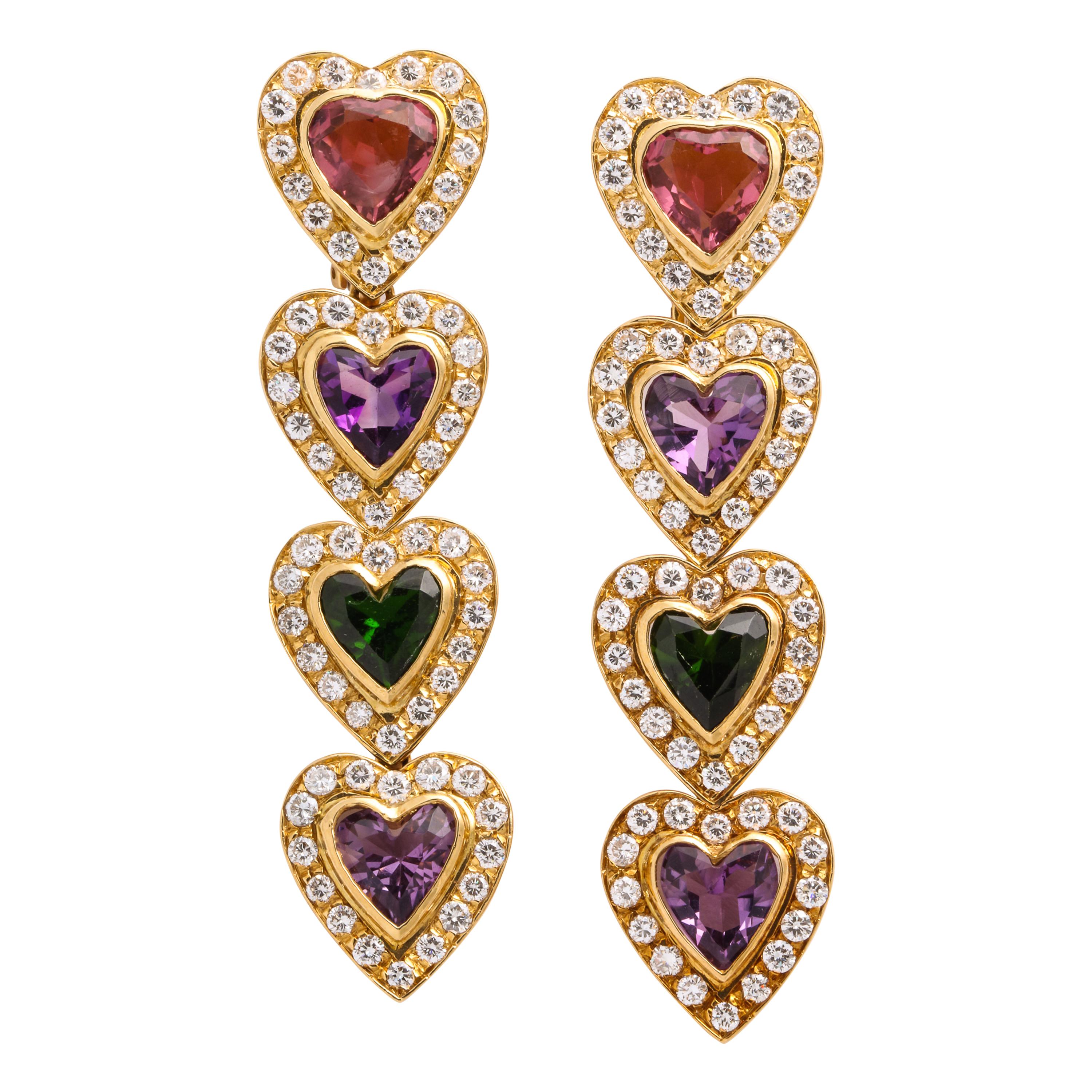 Multi Gem and Diamond Heart Earrings For Sale