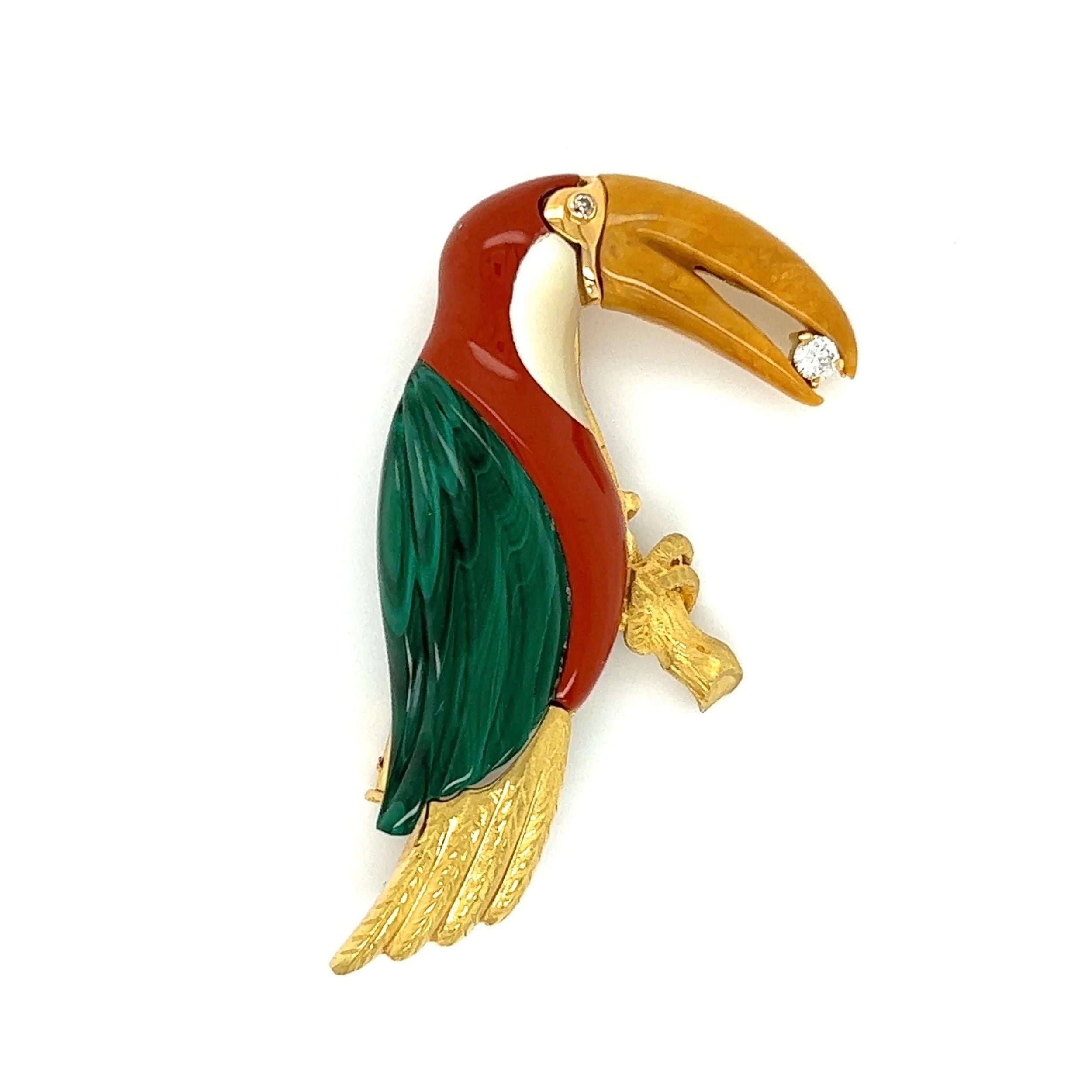 Simply Beautiful! Finely detailed Vintage Multi Gemstone and Diamond Wonderful Gold Toucan Brooch. Hand set with Malachite Jasper MOP Agate and Diamond, weighing approx. 0.06tcw. Exquisitely Hand crafted in 18K Yellow Gold. Approx. Dimensions: 1.75”