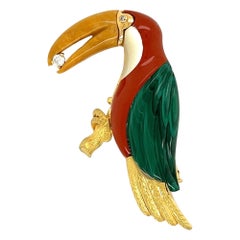 Multi Gem and Diamond Toucan Gold Vintage Brooch Pin Estate Fine Jewelry