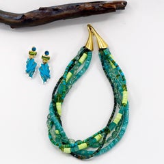 Multi-Gem Beaded Necklace Turquoise Sapphire Kornerupine Gaspite 18K Gold Flutes