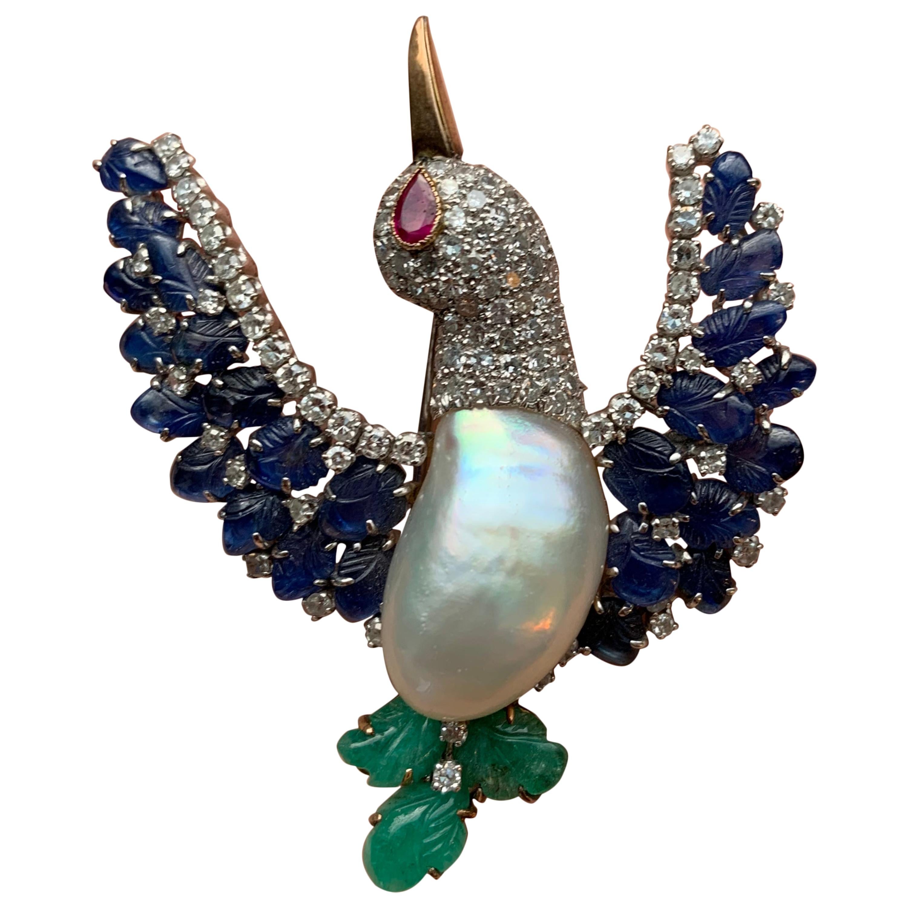 Multi Gem Bird of Paradise Brooch by Trio