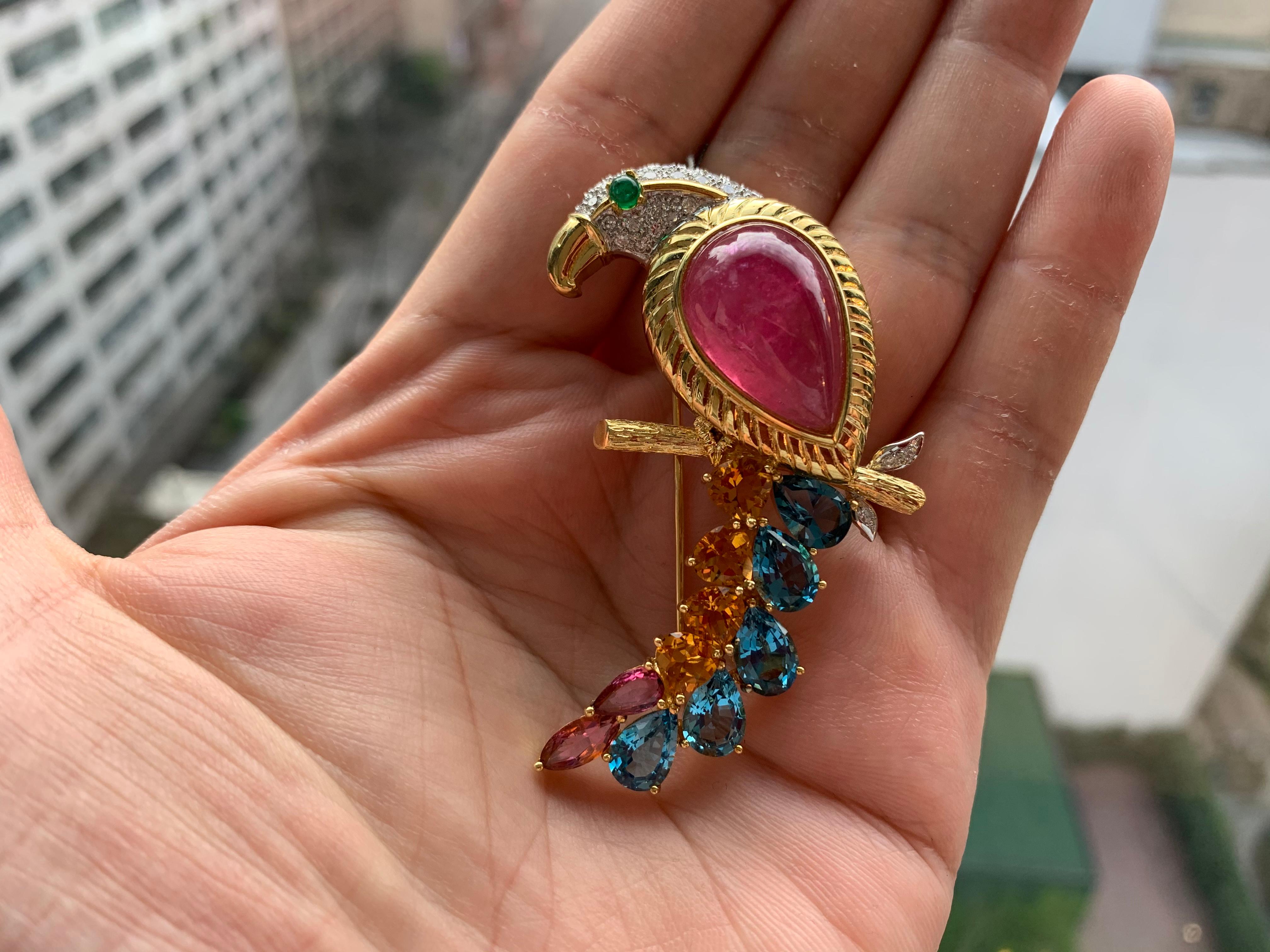 Multi Gem Bird of Paradise Brooch In Excellent Condition In New York, NY