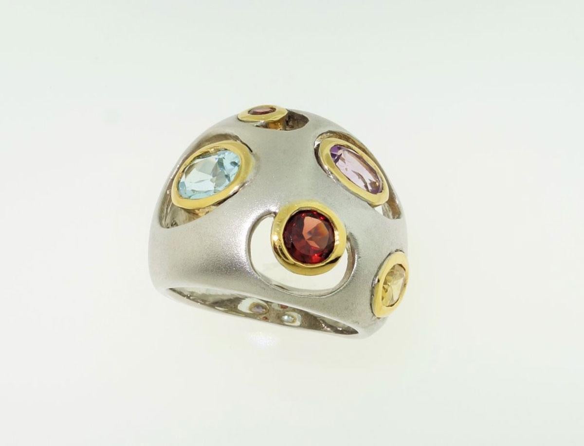 Multi-Gem Blue Topaz Garnet Amethyst Citrine Dome Statement Ring In New Condition In Montreal, QC